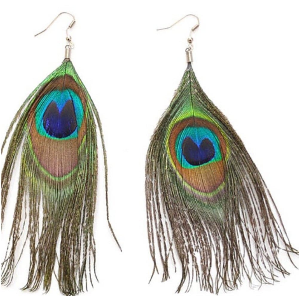 JUSTFOX Peacock Feather Boho Drop Earrings - 1 Pair
