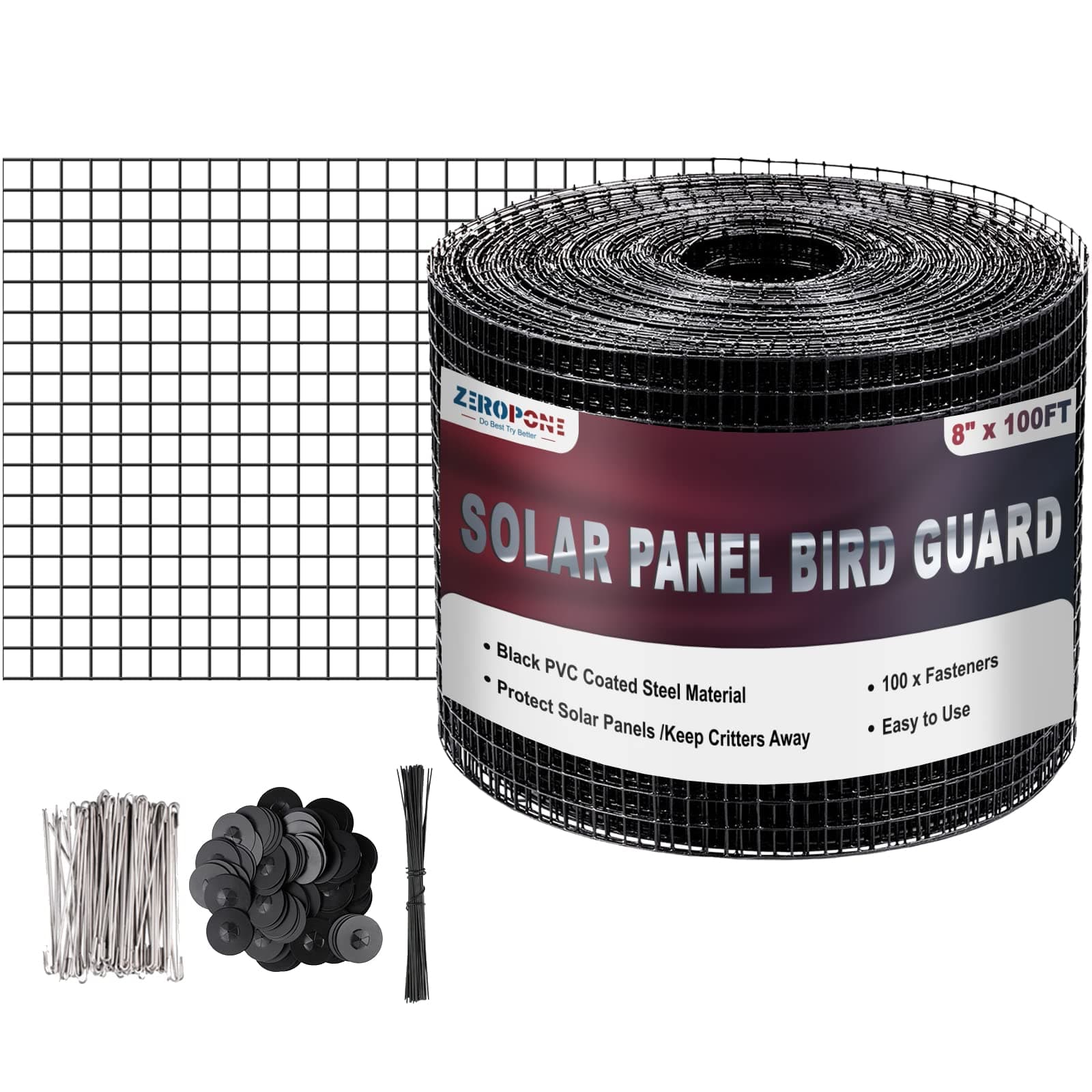 8inch x 100ft Solar Panel Bird Guard, Critter Guard for Solar Panels with 100 Pcs Stainless Steel Fasteners, Removable PVC Coated Pigeon Netting Wire for Squirrel, Bird, Critters Proofing