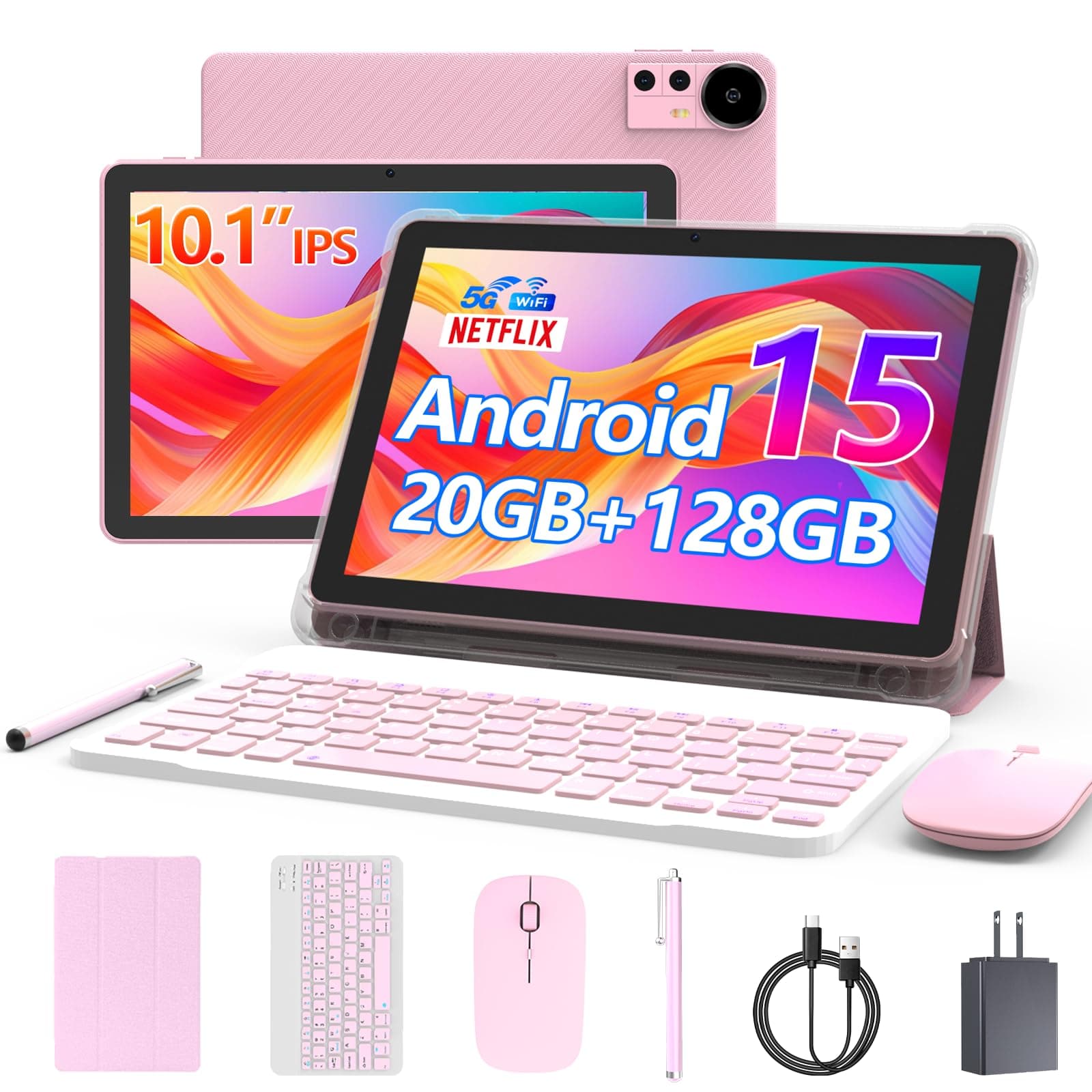 CUPEISI Android 15 Tablet 10 Inch, 20GB RAM+128GB ROM/ 2TB Expandable, 2.0GHz Quad-core Processor, 1280*800 HD Screen, 5G WiFi6 BT 5.0, 2 in 1 Tablets with Keyboard Case Mouse Stylus, Widevine L1 Pink