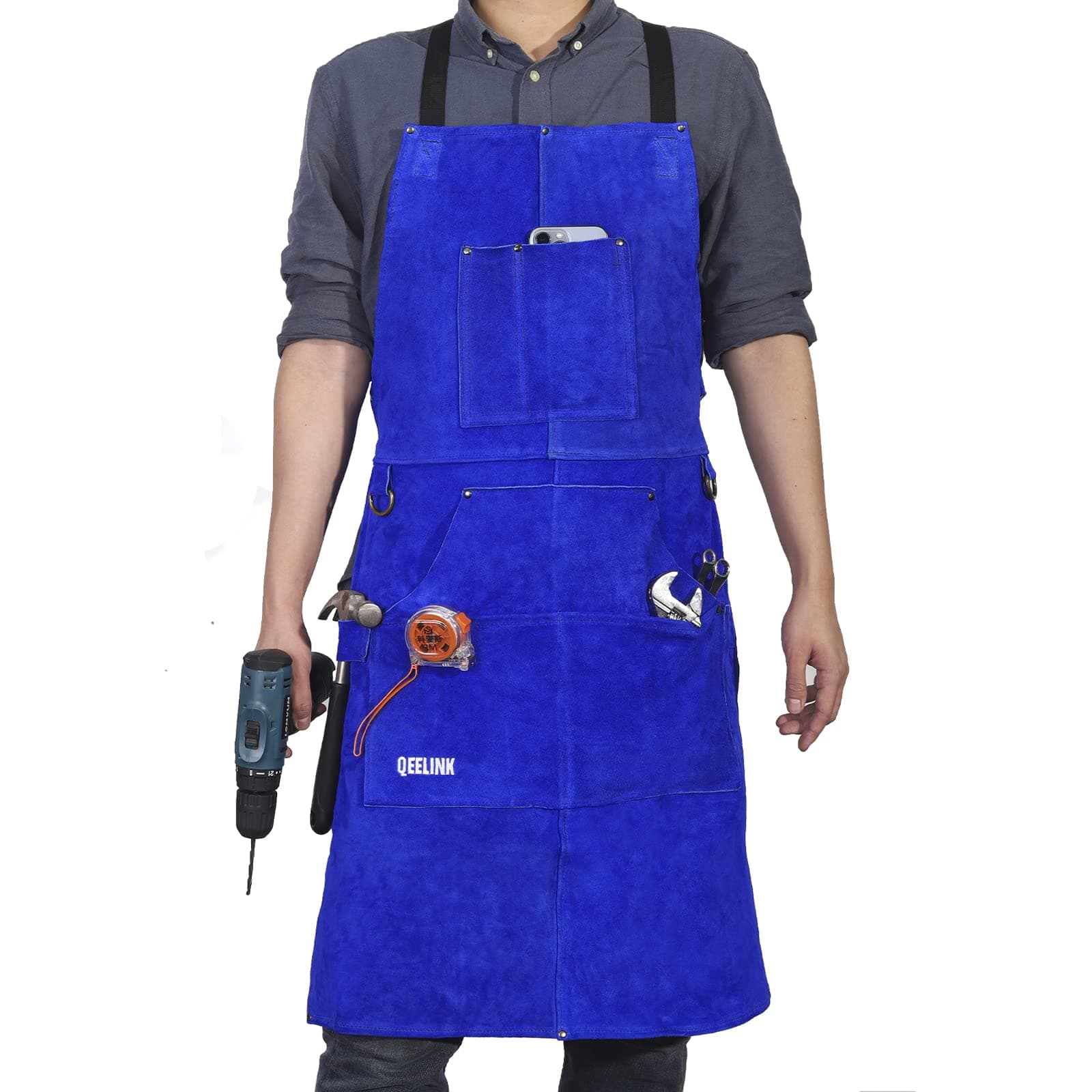 QeeLink Leather Welding Work Apron with 6 Tool Pockets, Heat & Flame Resistant Apron, 24" x 36", Adjustable M to XXXL, Blue, Small-5X-Large
