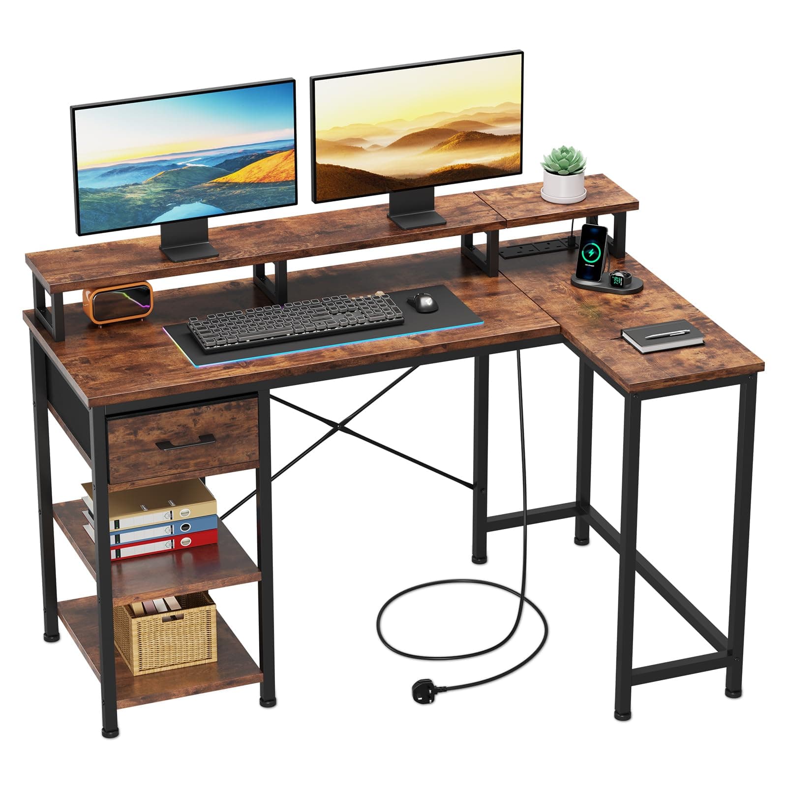 L Shaped Desk with Power Outlet Corner Computer Desk with Storage Shelves & Fabric Drawer, Study Writing Table Gaming Desk for Home Office L120xW80xH88cm