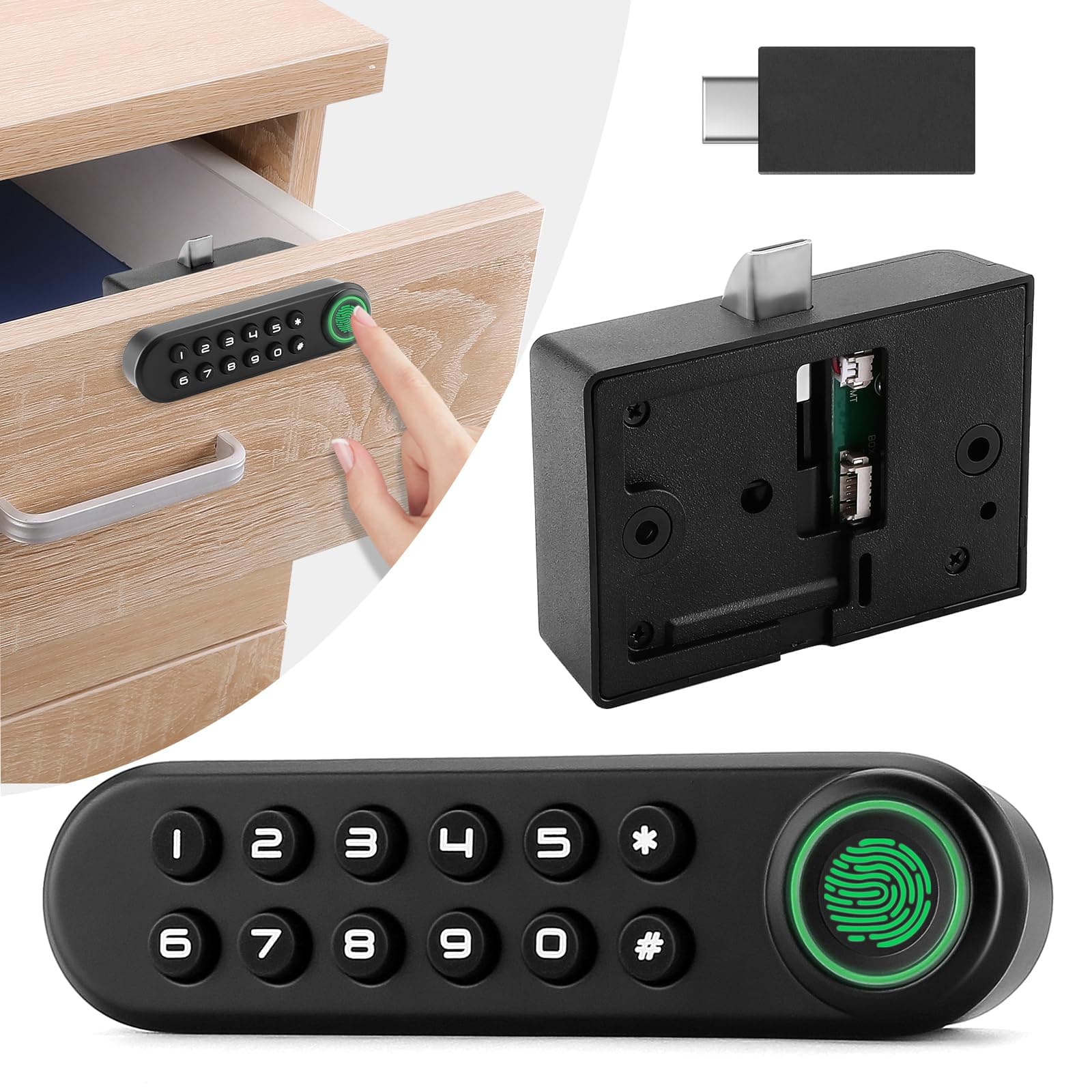 Fingerprint Cabinet Lock, Smart Biometric Password Lock With USB Key, Keyless Hidden File Drawer Wardrobe, Child Safety, DIY Wooden Furniture Privacy for Home Office