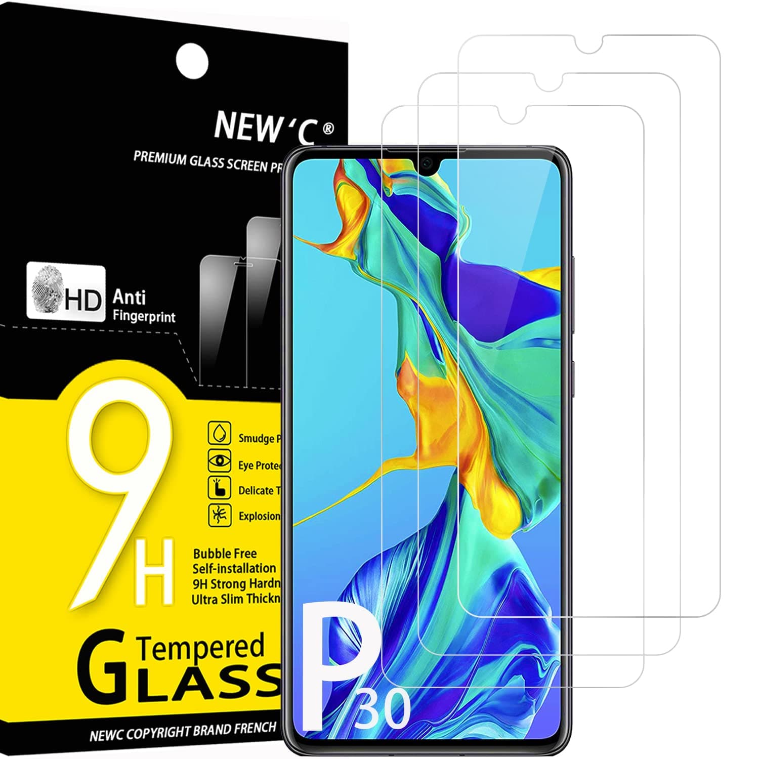 NEW'C Tempered Glass Screen Protector for Huawei P30, Scratch Free, 9H Hardness, HD Screen Protector, 0.33 mm Ultra Clear, Ultra Resistant, Pack of 3