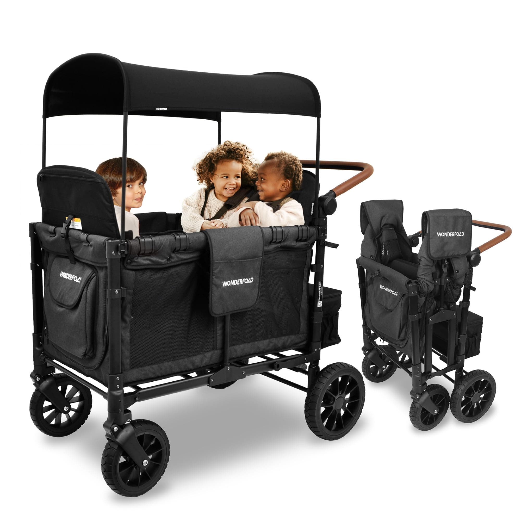 WONDERFOLD W4 Luxe Stroller Wagon (4 Seater) - Collapsible Wagon Stroller with Seats with Magnetic Buckle 5-Point Harnesses and Sun Canopy, Black
