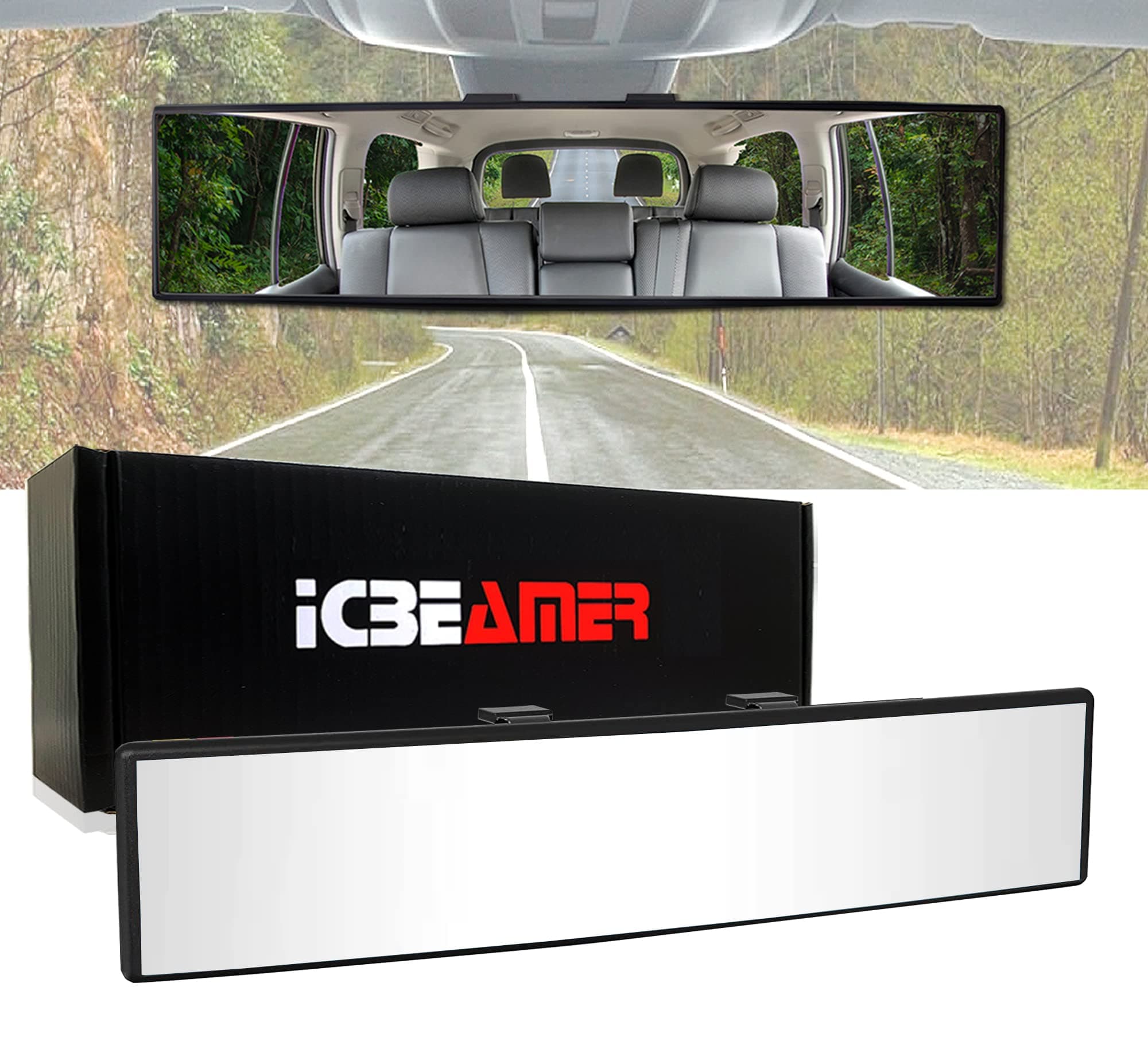 ICBEAMER 11.8" 300mm Easy Clip on Wide Angle Panoramic Blind Spot Fit Auto Interior Rear view Mirror Convex Clear Surface