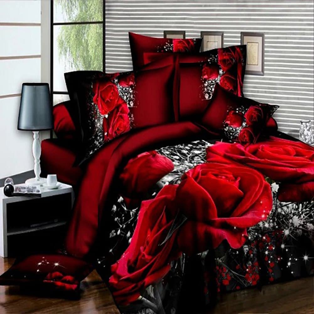 zyurong3D Rose Pattern Four-piece Bedding Set - Duvet Cover, Flat Sheet and Two Pillowcases