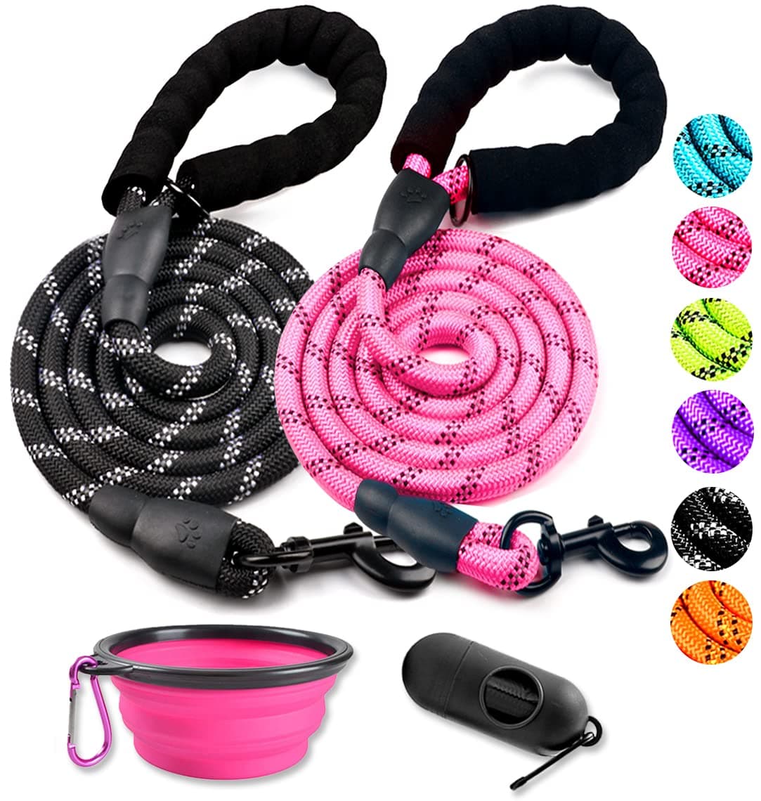 COOYOO 2 Pack Dog Leash 6 FT Heavy Duty - Comfortable Padded Handle - Reflective Dog Leash for Medium Large Dogs with Collapsible Pet Bowl Set 1-Black+Pink
