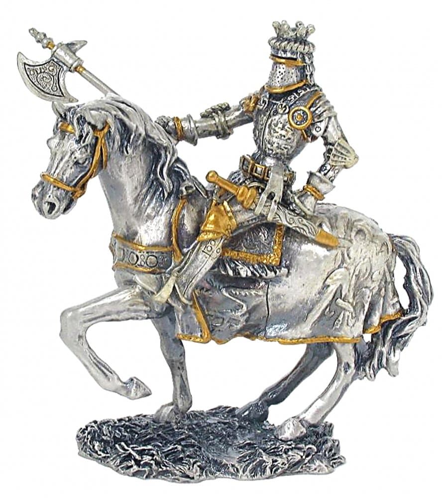 Medieval Pewter Statue - Mounted Knight with Axe & Crest