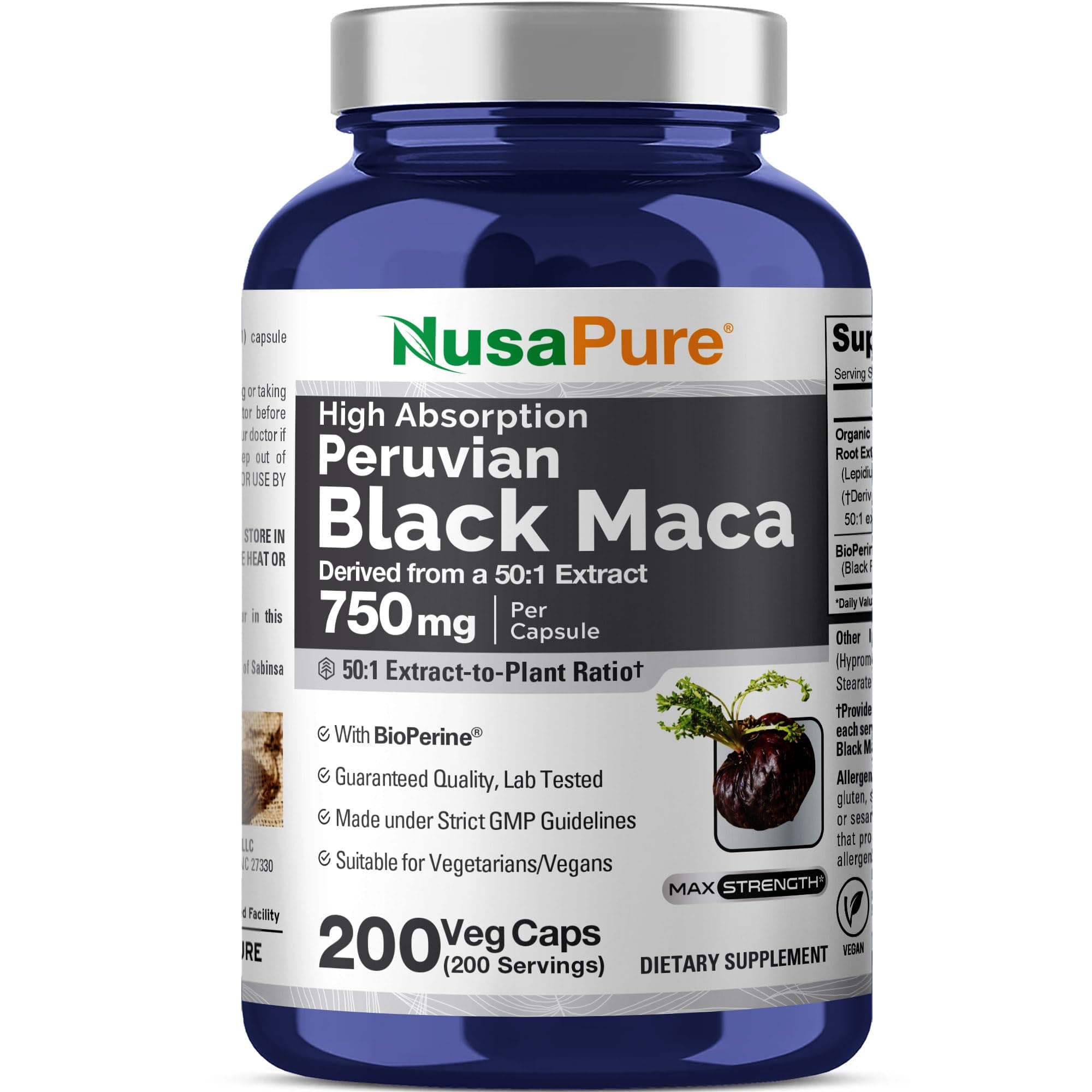 NusaPure Peruvian Black Maca Root, 750 mg, 200 Veg Capsules ((Non-GMO, Vegan)