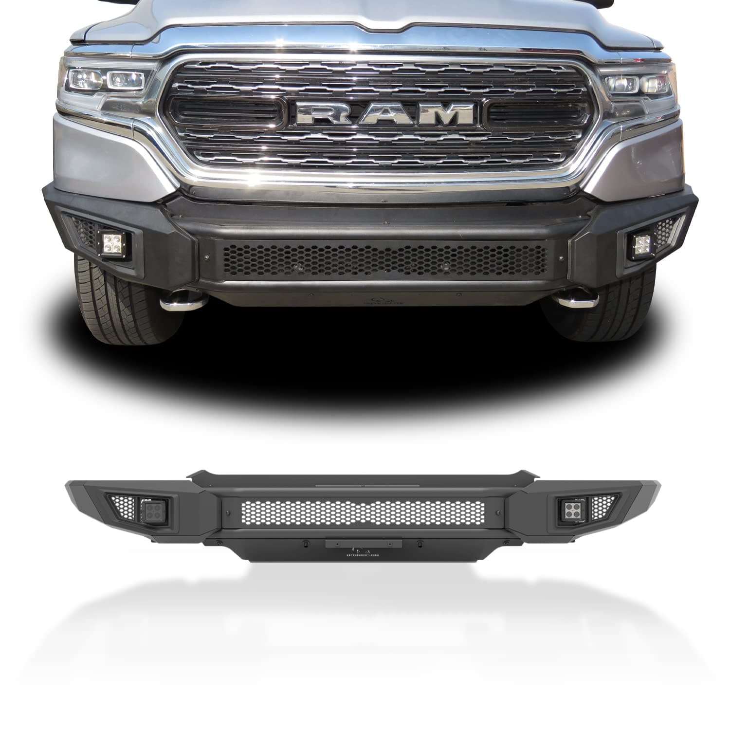 IRONBISON Front Bumper Fit 2019-2024 Dodge RAM 1500 (Excl. Rebel & TRX Trim, 19-24 Classic and 20-22 Diesel Models) Pickup Truck Bumper with 2 LED Fog Light Splash Guard Can Add 30” LED Light Bar