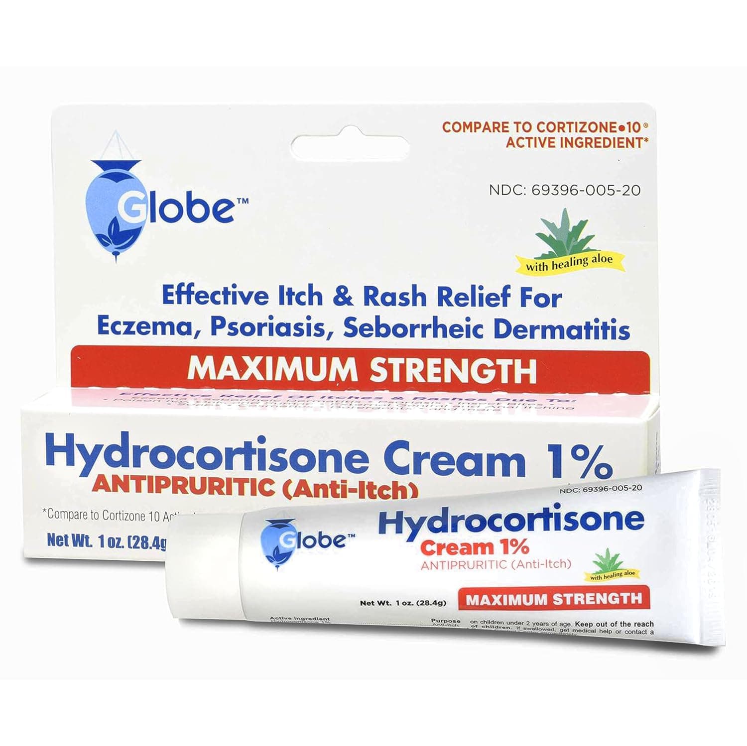 Globe Hydrocortisone Maximum Strength Cream 1% with Aloe, USP 1oz (Compare to Cortizone-10) 1 Tube