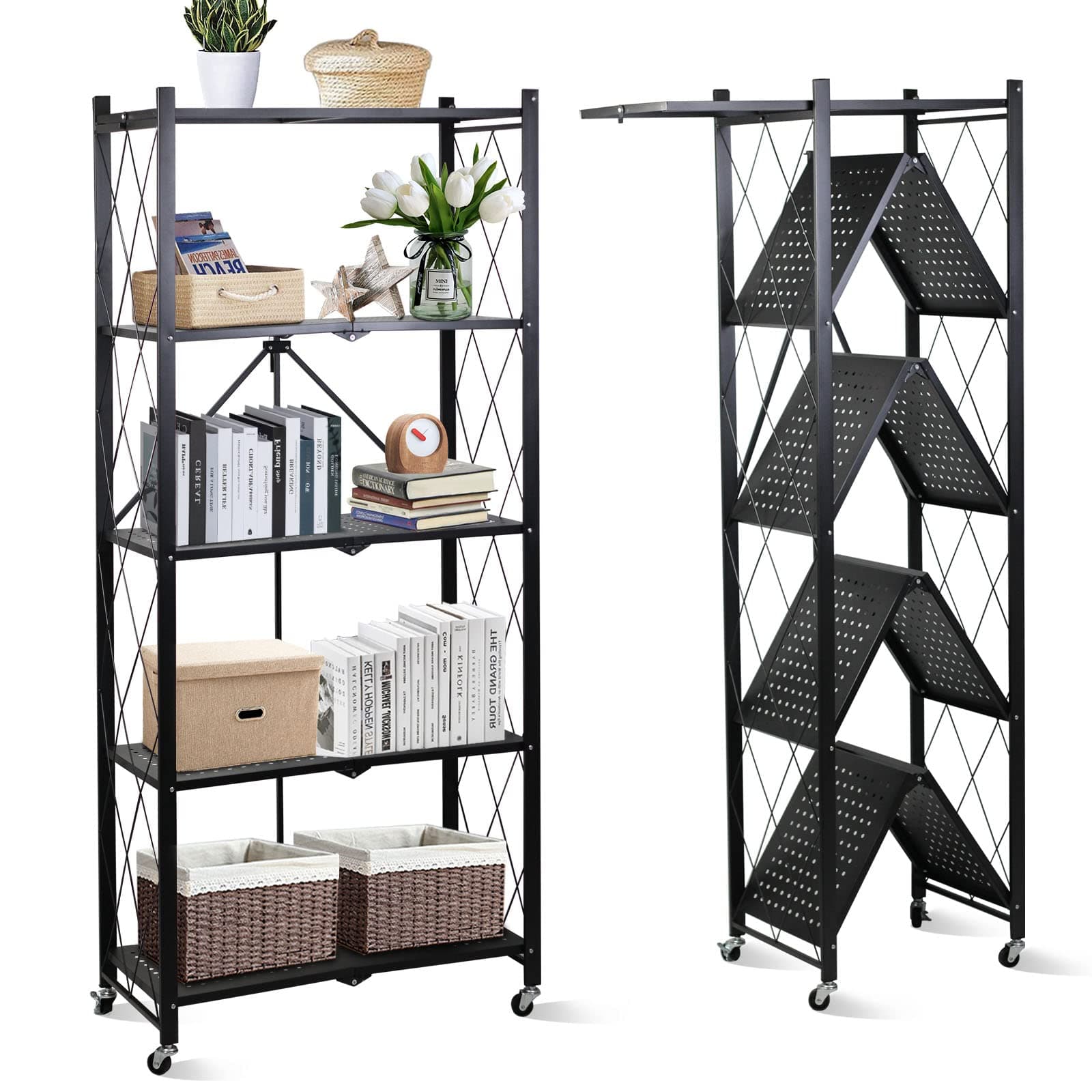 SKY-TOUCH Foldable Storage Organizer 5 Tier, Storage Shelves Kitchen Cabinet Storage Rack, Shelf Storage Multipurpose Rack for Living Room Bedroom Kitchen Garage Black 71x34x175cm
