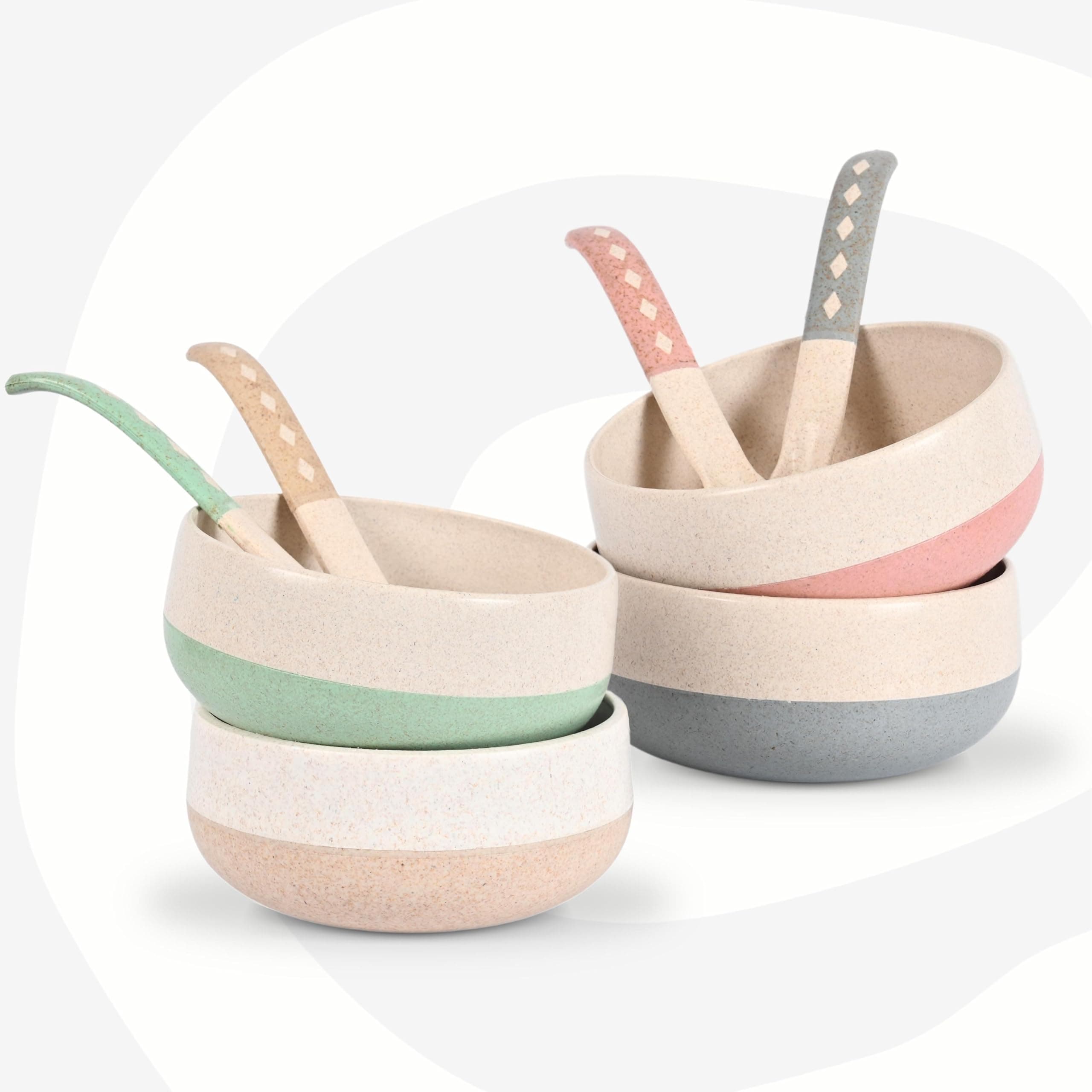 Eha Earth-Friendly Soup Bowls with Spoons|250 ml|Made with Rice Husk Biocomposite|Microwave Safe Bowls for Kitchen|Serving Bowl Set of 4|Pastel, Multicolor
