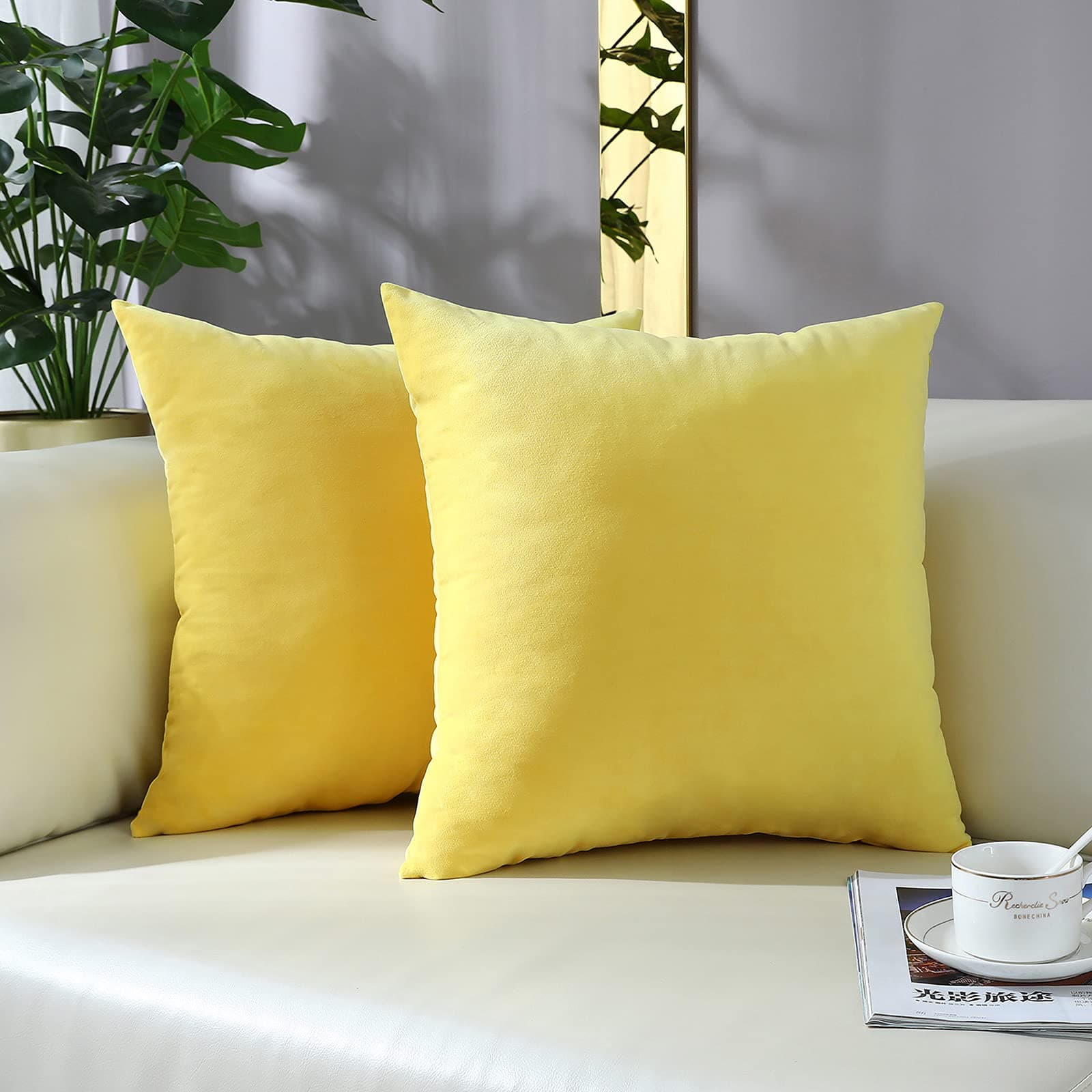 mixeoo Comfy Lemon Yellow Throw Pillow Covers Decorative Square Solid Thick Velvet Super Soft Cushion Cases Home Decor for Sofa Couch Living Room Chair, Set of 2, 18 x 18 Inch