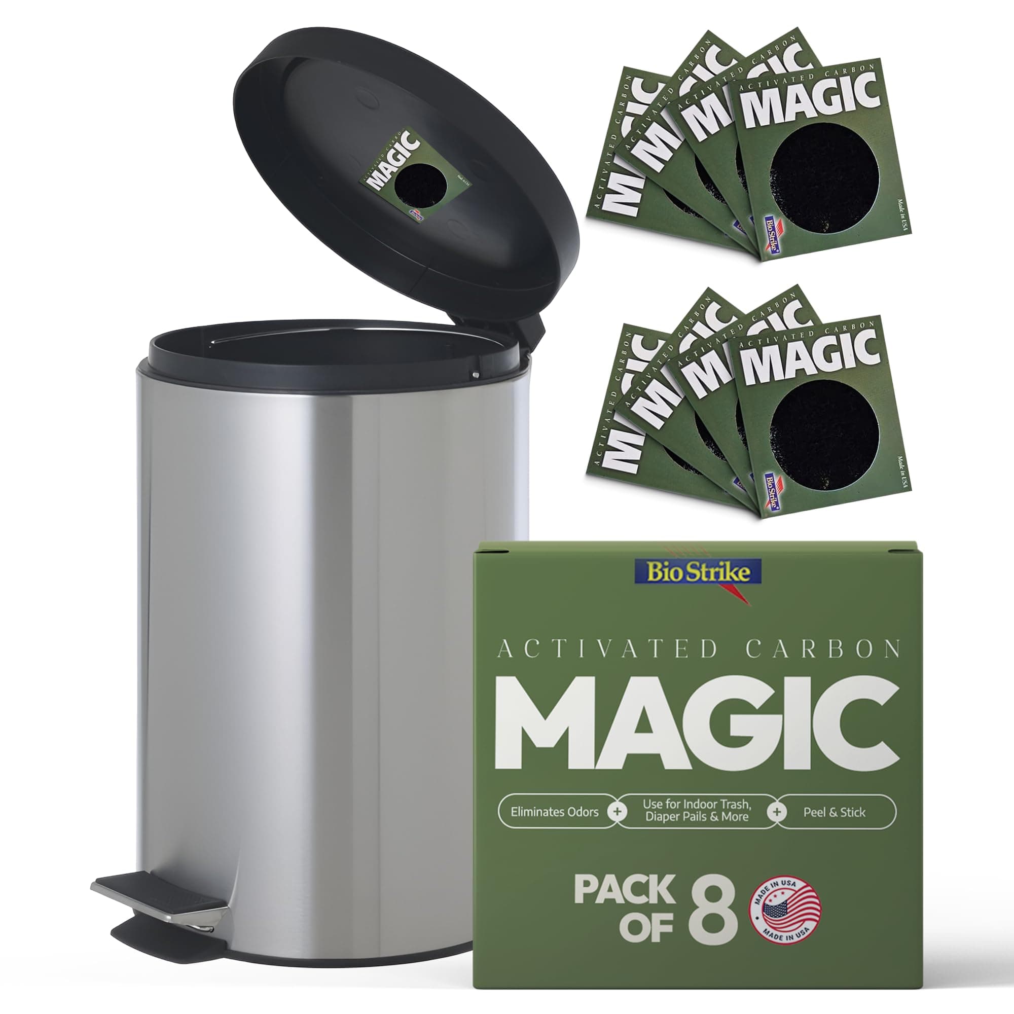 Trash Magic Activated Charcoal Trash Can Odor Eliminator - Peel & Stick Garbage Can Deodorizer - Air Freshener for Fridge, Compost, Drawers & Diaper Pails - Lasts 4 Months - Made in USA (8 Pack)