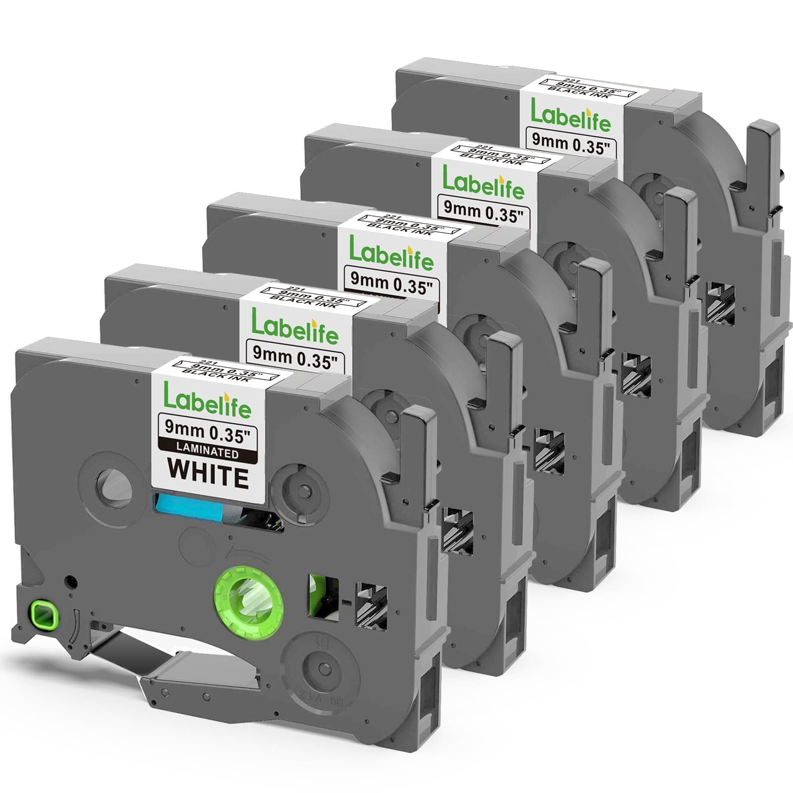TZe-221 TZe221 Replacement for Brother P Touch Label Maker Tape 9mm TZe TZ Tape 9mm 0.35 Laminated White for Brother PT-D210 PT-D220 PT-D200 PT-H110 PT-D400 PT-D410, 3/8 Inch, 5-Pack