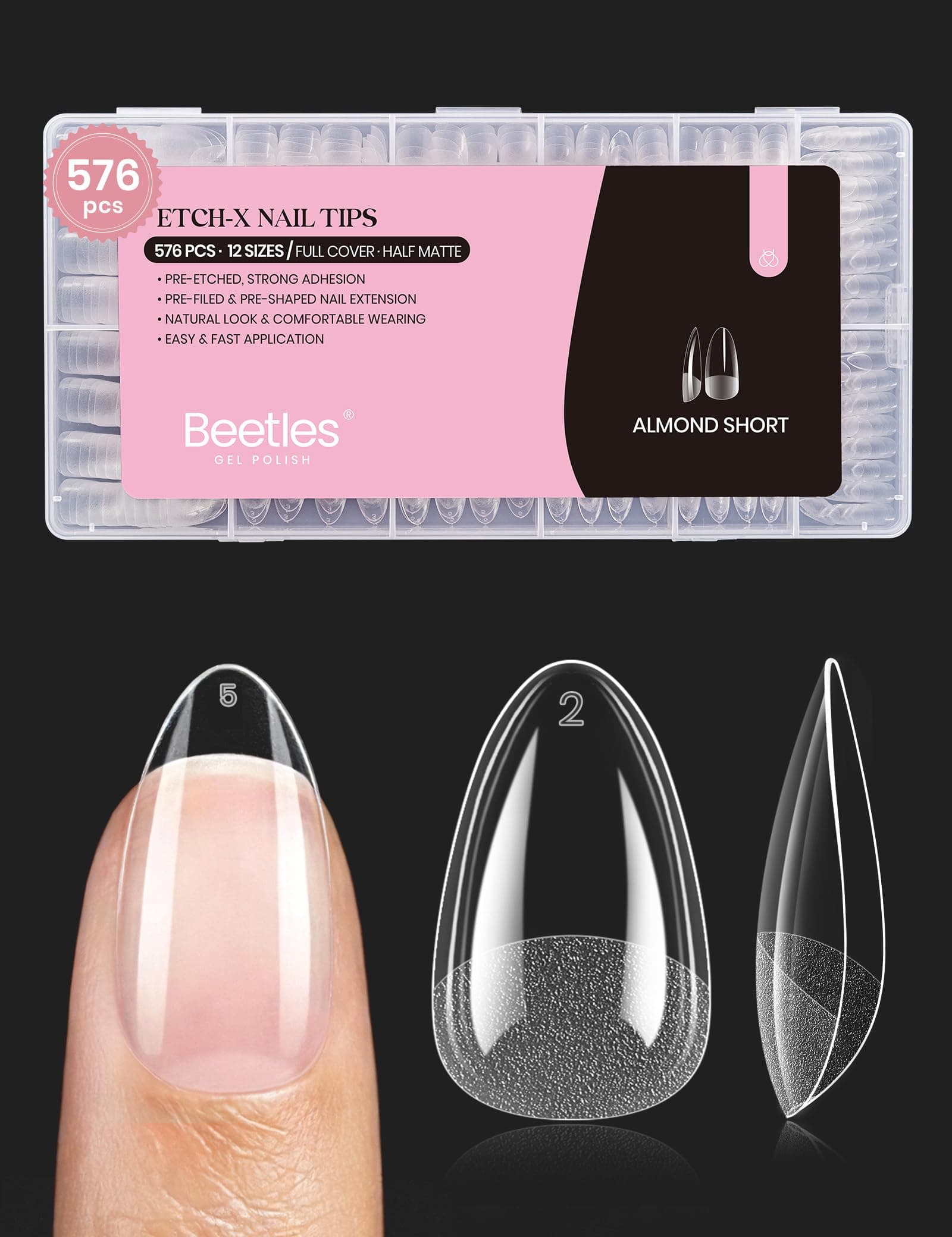 Beetles Gel Nail Tips 576Pcs Pre-shape Short Almond Etch-X Nail Tips,12 Sizes Soft Acrylic False Nail Tips Half Matte Full Cover Easy DIY Press On Nail Extensions Art Salon Gift Set for Women