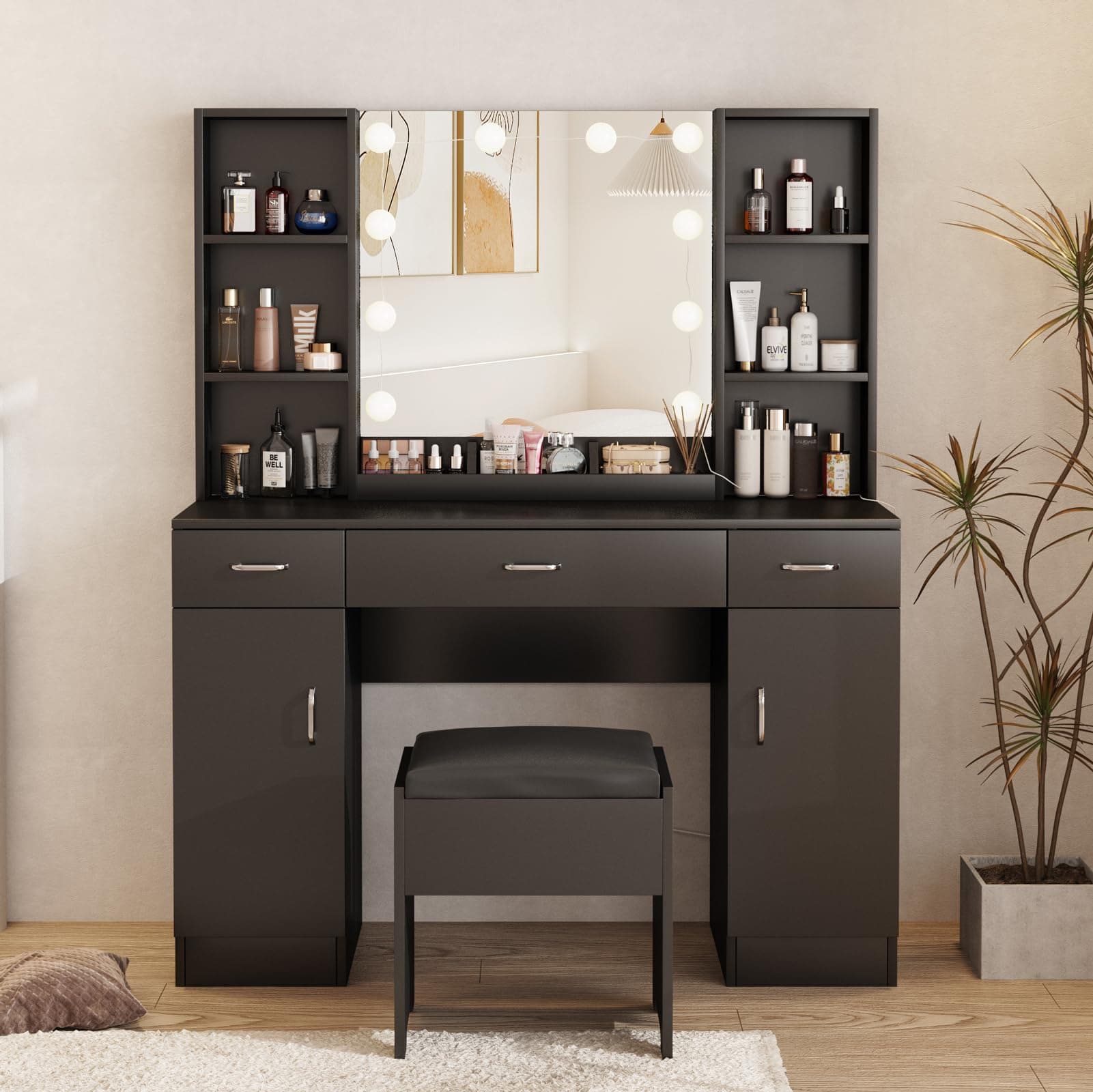 Makeup Vanity Desk with Lights, 3 Lighting Colors, White Vanity Set Makeup Table with 3 Drawers, 2 Cabinets and Multiple Shelves, Large Vanity 45.2in(L) (Black, Large)