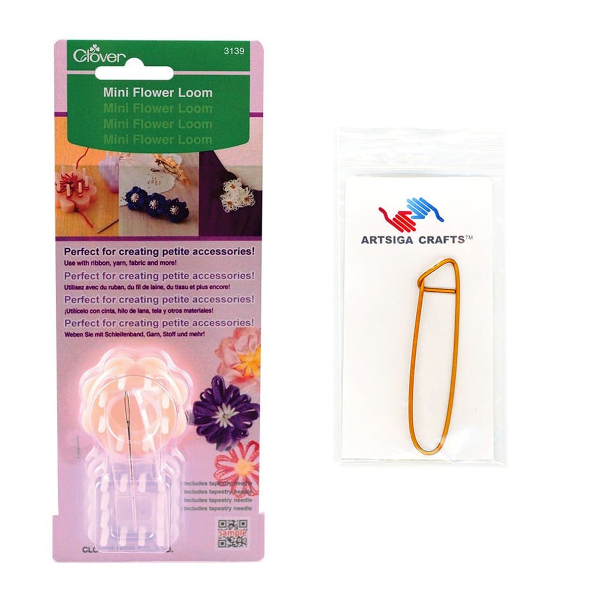 Clover Needlecraft Mini Flower Loom Bundle with 1 Artsiga Crafts Stitch Holder 3139