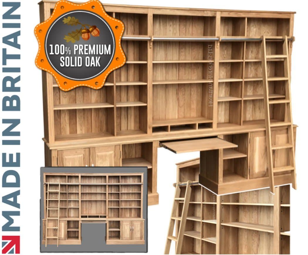 Traditional Solid Oak 7ft 7" x 10ft 9" Home Office Desk, Shelving Suite. Library Bookcase with Ladder & Doors. Heartland Oak (BDL-GNS)