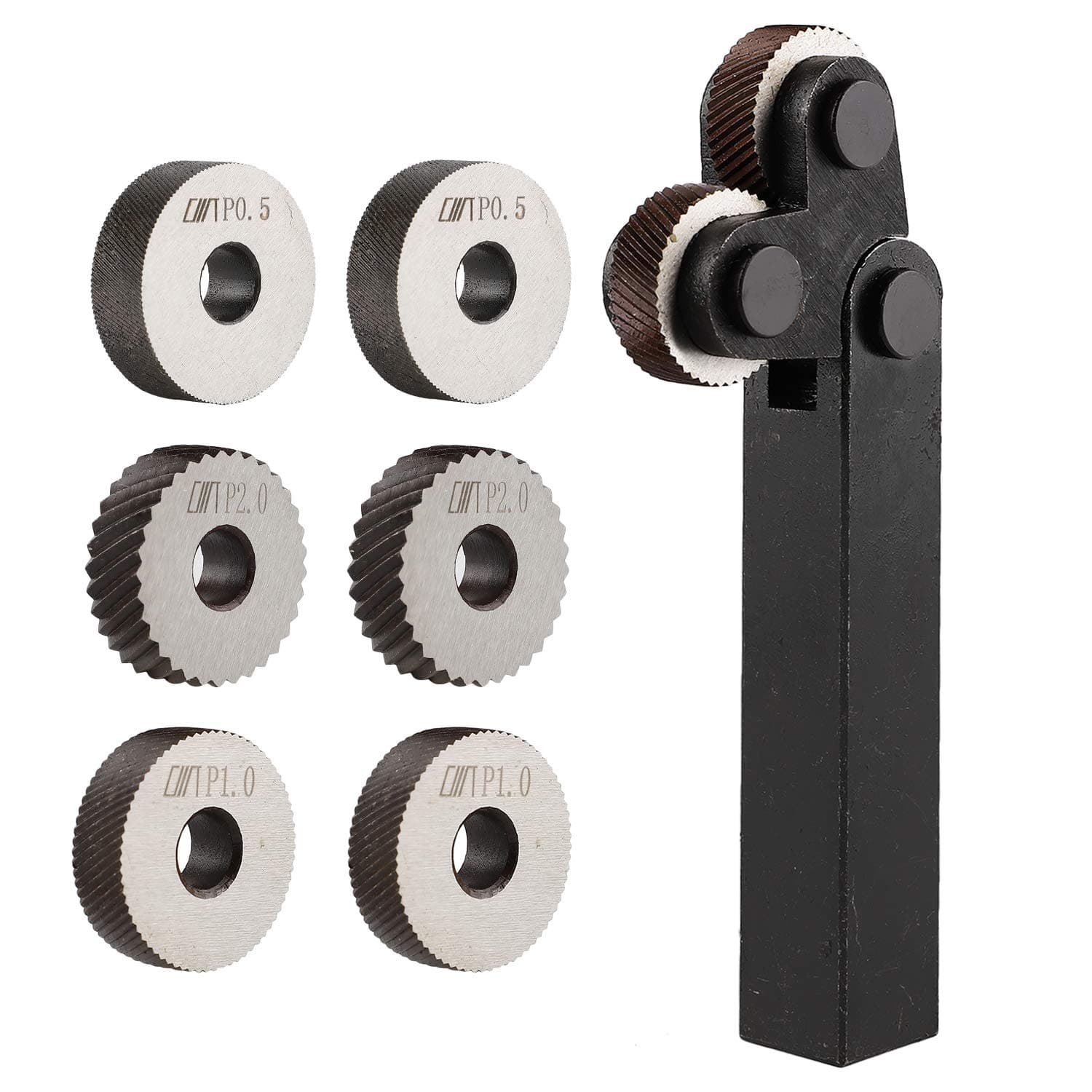 1.5mm Diagonal Dual Wheel Knurling Tool Set with 6PCS Knurling Single Wheels 0.5mm 1mm 2mm