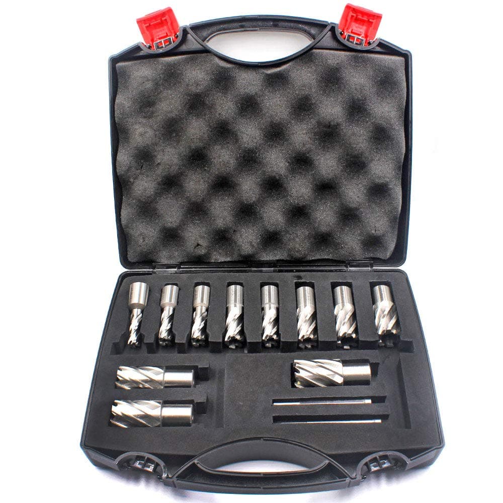JESTUOUS Annular Cutter Set 13 pcs 3/4 Inch Weldon Shank 1-1/5 Cutting Depth and Cutting Diameter from 7/16 to 1-1/16 for Drill Press HSS Standard Kit Two Flat with 2 Pilot Pins