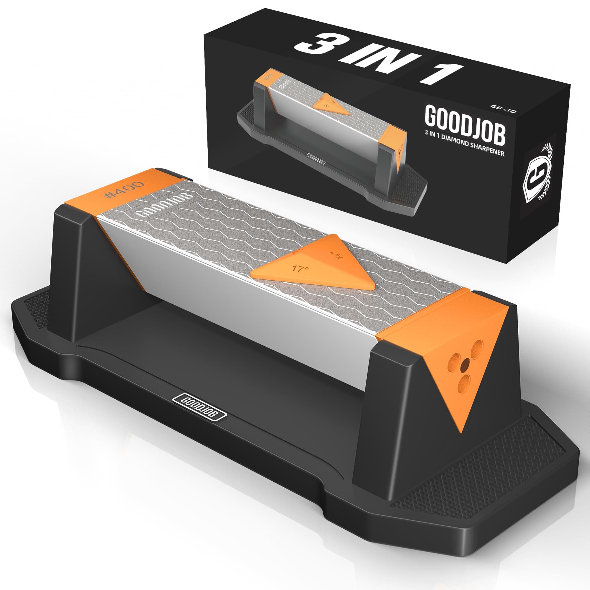 Goodjob Diamond Sharpening Stone 3 Side Grit 400/1000/8000 Premium Industrial Diamond & Ceramic Whetstone Knife Sharpener Suitable for Steel of any Hardness with Angle Guide and Non-Slip Base (GB-3D)