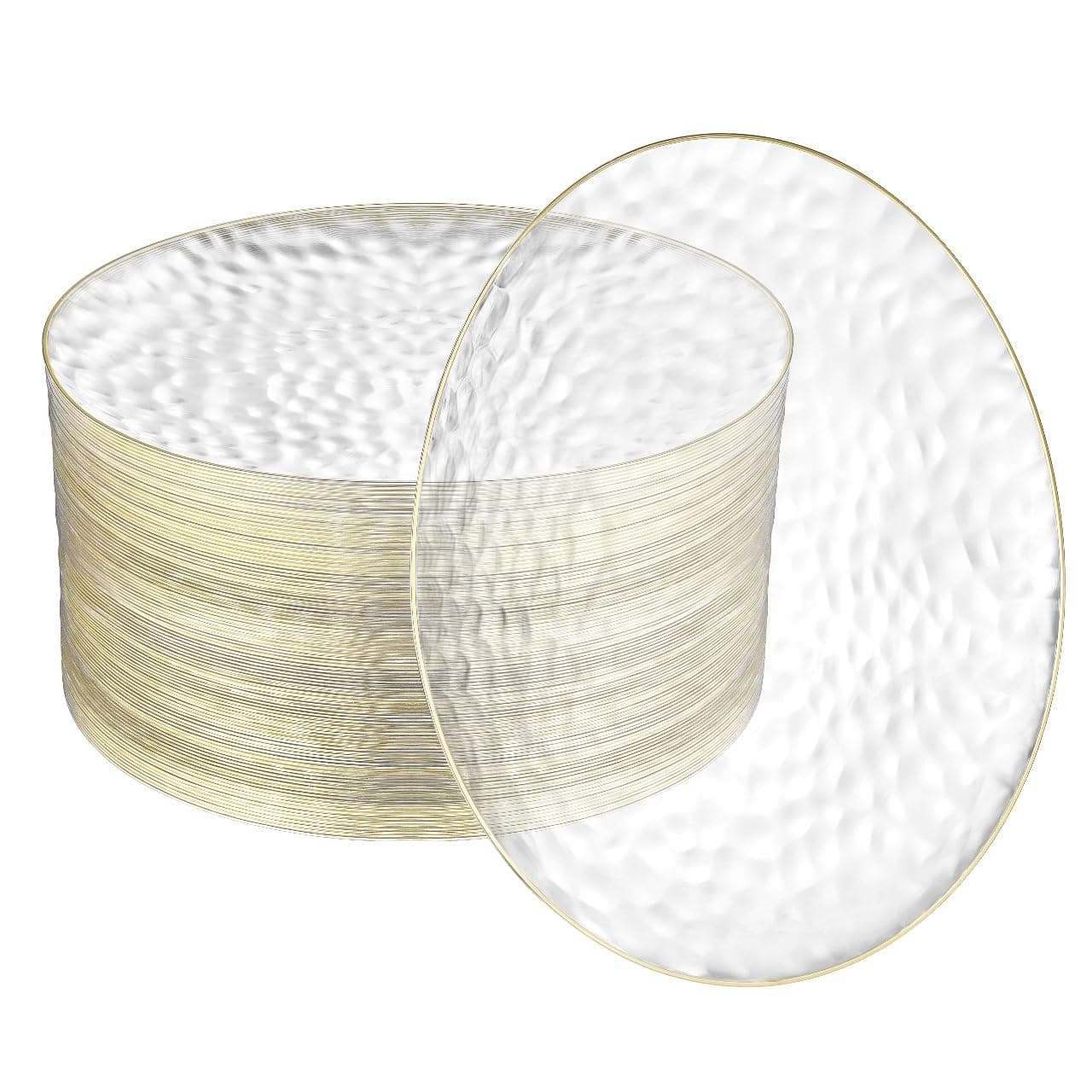 R-kay 100 Pack Clear Plastic Plates For Wedding - 10 IN Hammered Gold Rimmed Sturdy, Durable And Extra Heavy duty Gold Plastic Plates For Party - Bulk Disposable Plates For Weddings