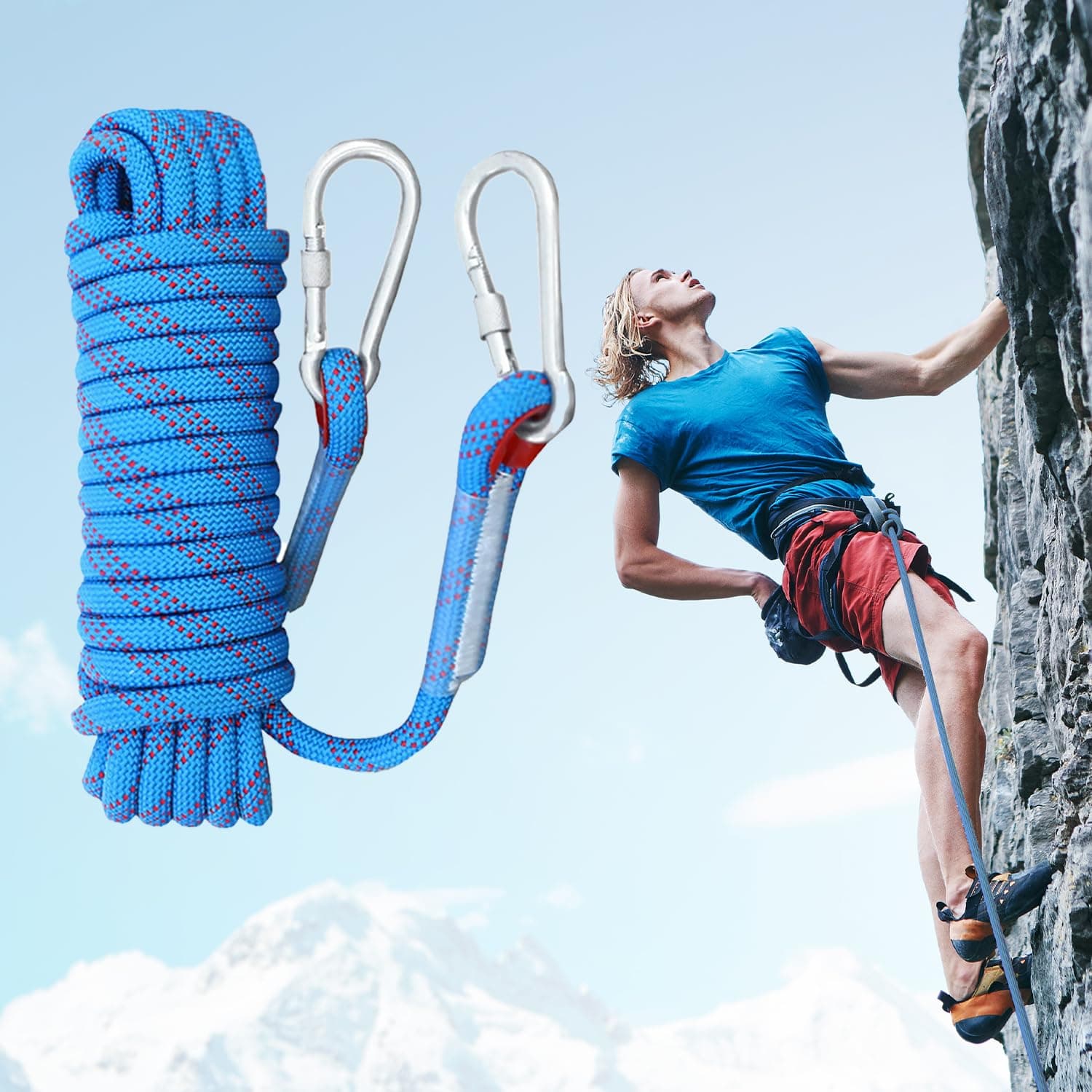 Static Outdoor Climbing Rope with 2 Hooks, 49FT Rappelling Rope for Travel, Hiking Safety Escape Rope, Outdoor, Mountaineering, Hauling