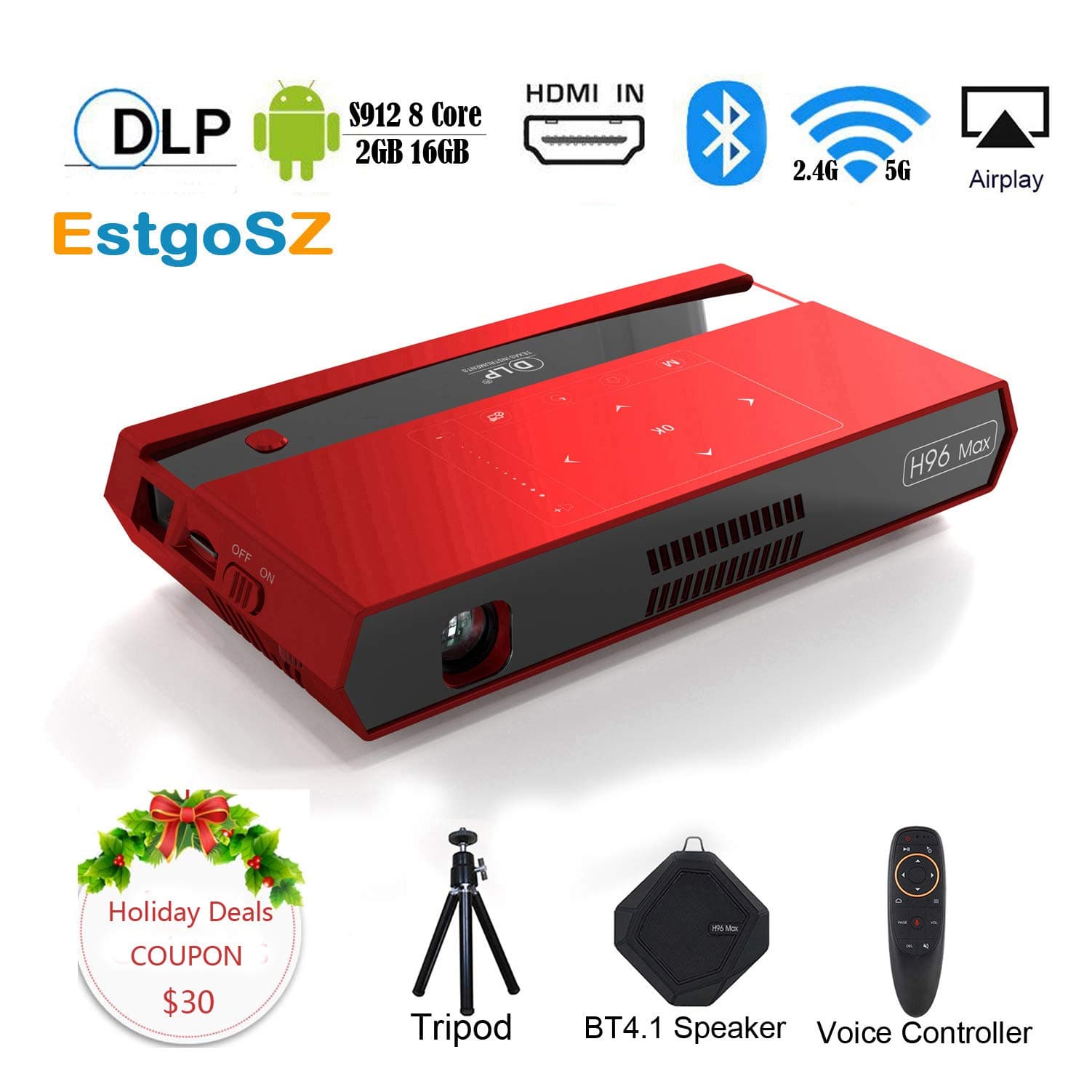 Mini Smart Video Projector H96 Max DLP Pico Portable Projector 150ANSI 4K 1080P Android Projector with 200'' Display/HDMI in/2.4&5G WiFi/BT4.1/USB/SD for Home Theater Movie Projector