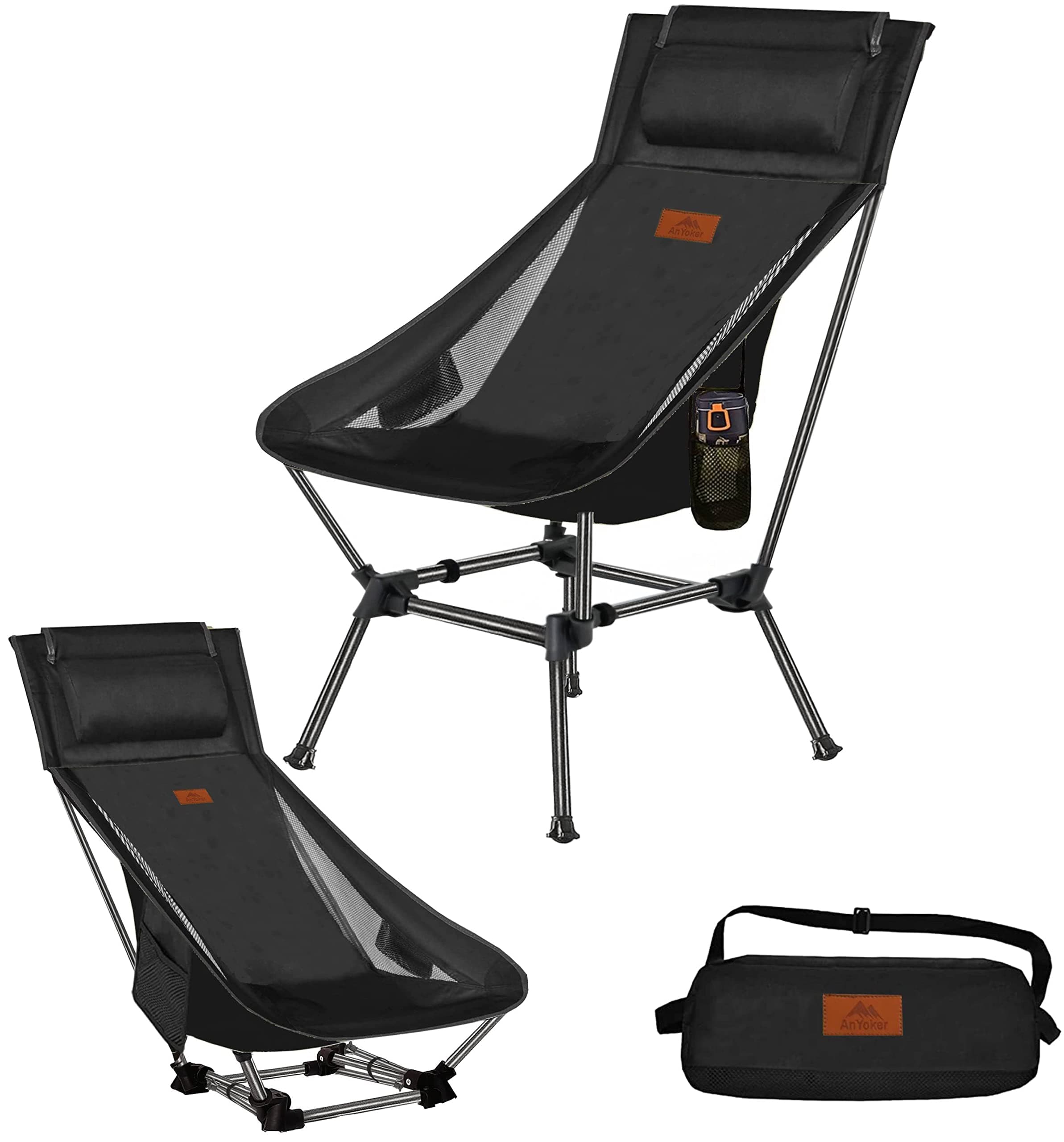 Camping Chair, 2 Way Compact Backpacking, Portable Folding Beach Gear with Side Pocket and headrest, Lightweight Hiking Gift 0166 (Black)