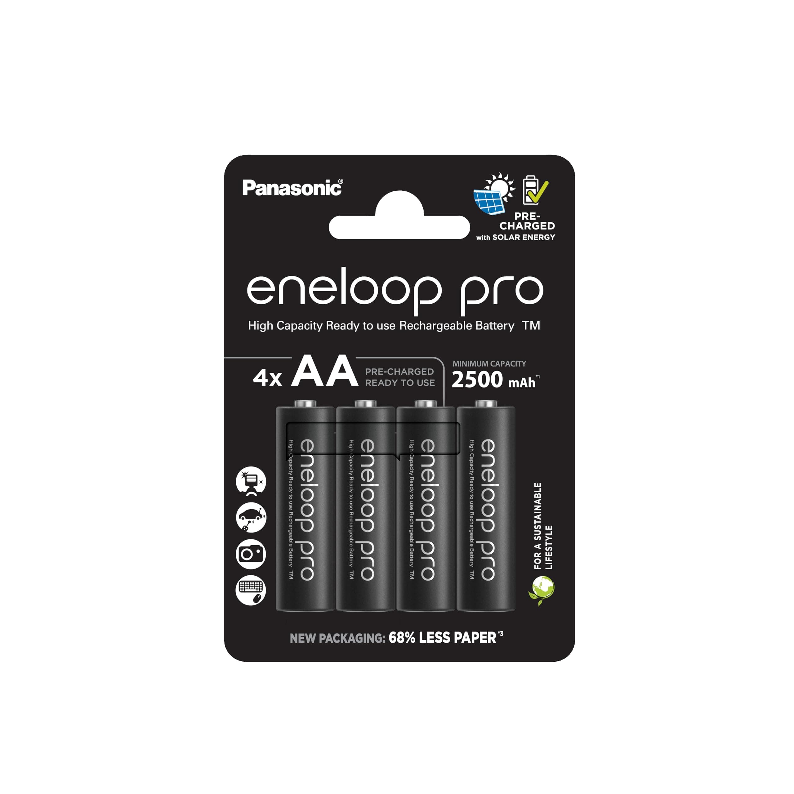 Panasonic eneloop Pro | Ready-to-Use NiMH Batteries, AA/Mignon, Pack of 4, Minimum 2500 mAh, 500 Charge Cycles Life, Low Self-Discharge, Rechargeable Batteries in Plastic-Free Packaging