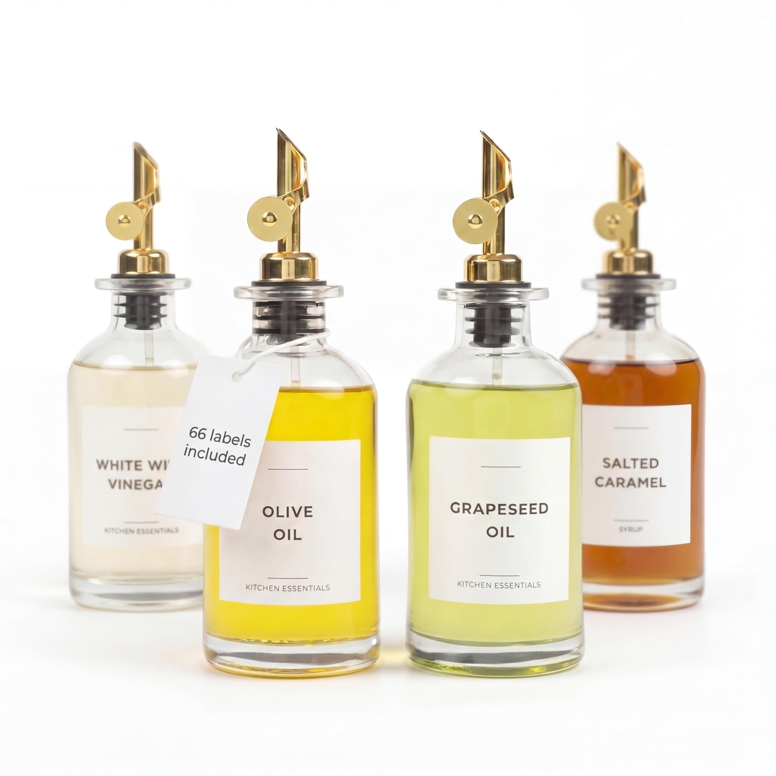 Olive Oil Dispenser Bottle - Includes 55 Kitchen Essential Labels - Cooking Oil Bottles for Kitchen, Coffee Syrup Dispenser - Pourer Spout with 11.8 fl oz Glass Container Cruet - 4pcs, Gold