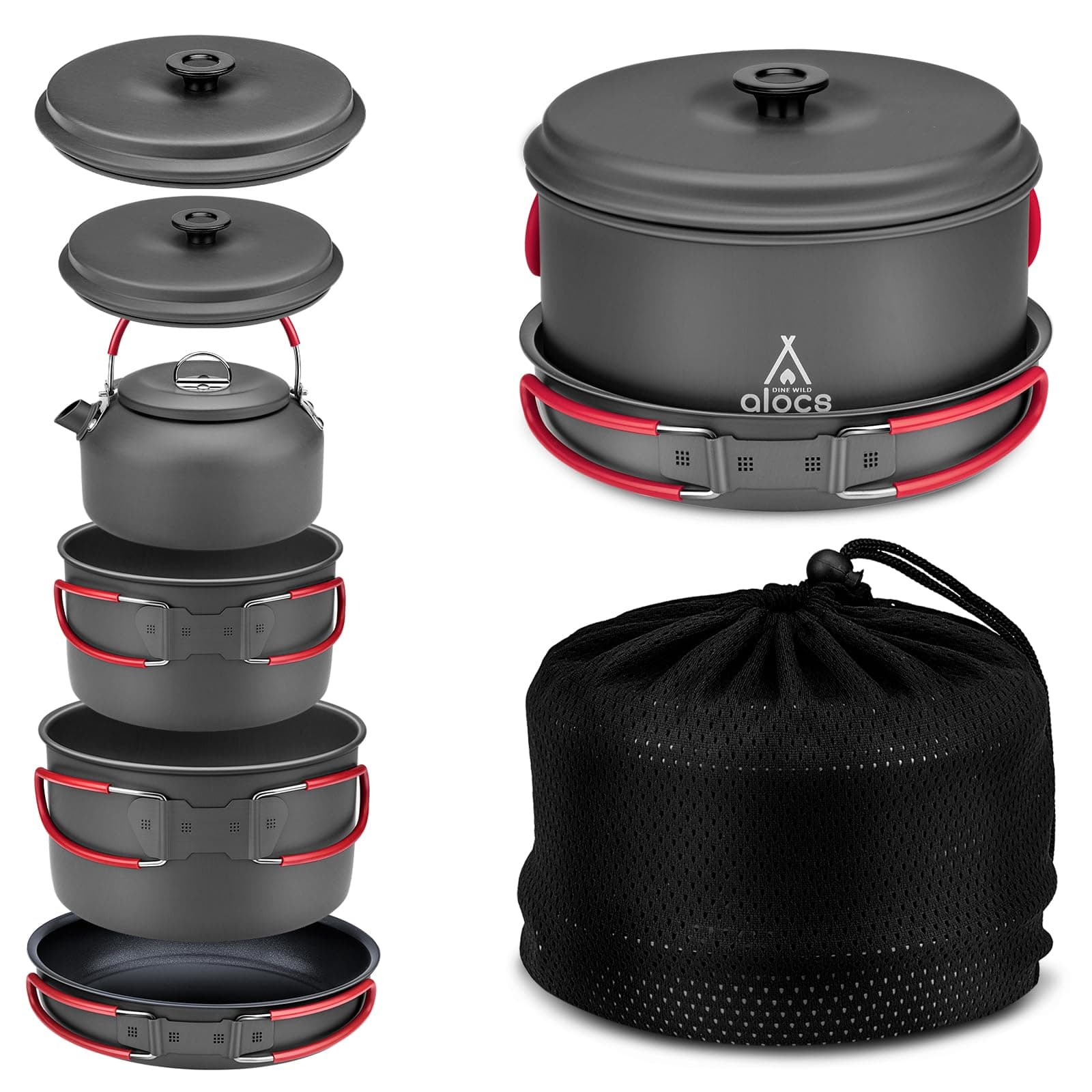 Alocs Camping Cookware, Portable Camping Pots and Pans Set with Camping Kettle