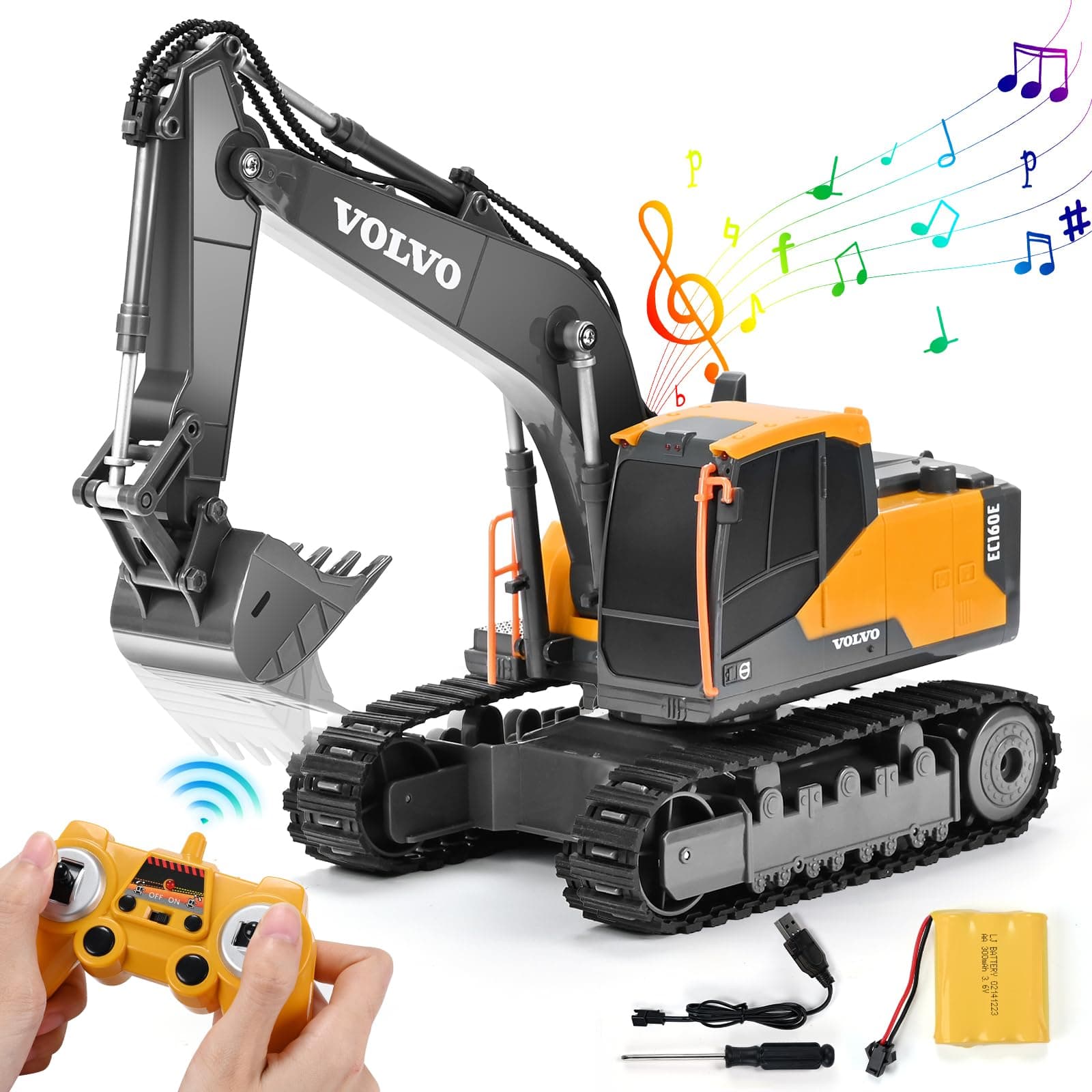 DOUBLE E Volvo Licensed Remote Control Excavator RC Excavator Toy for Kids Full Function Construction Toys with Metal Shovel for Outdoor Play 1/26 Scale Sandbox Digger Toys Gifts for Boys
