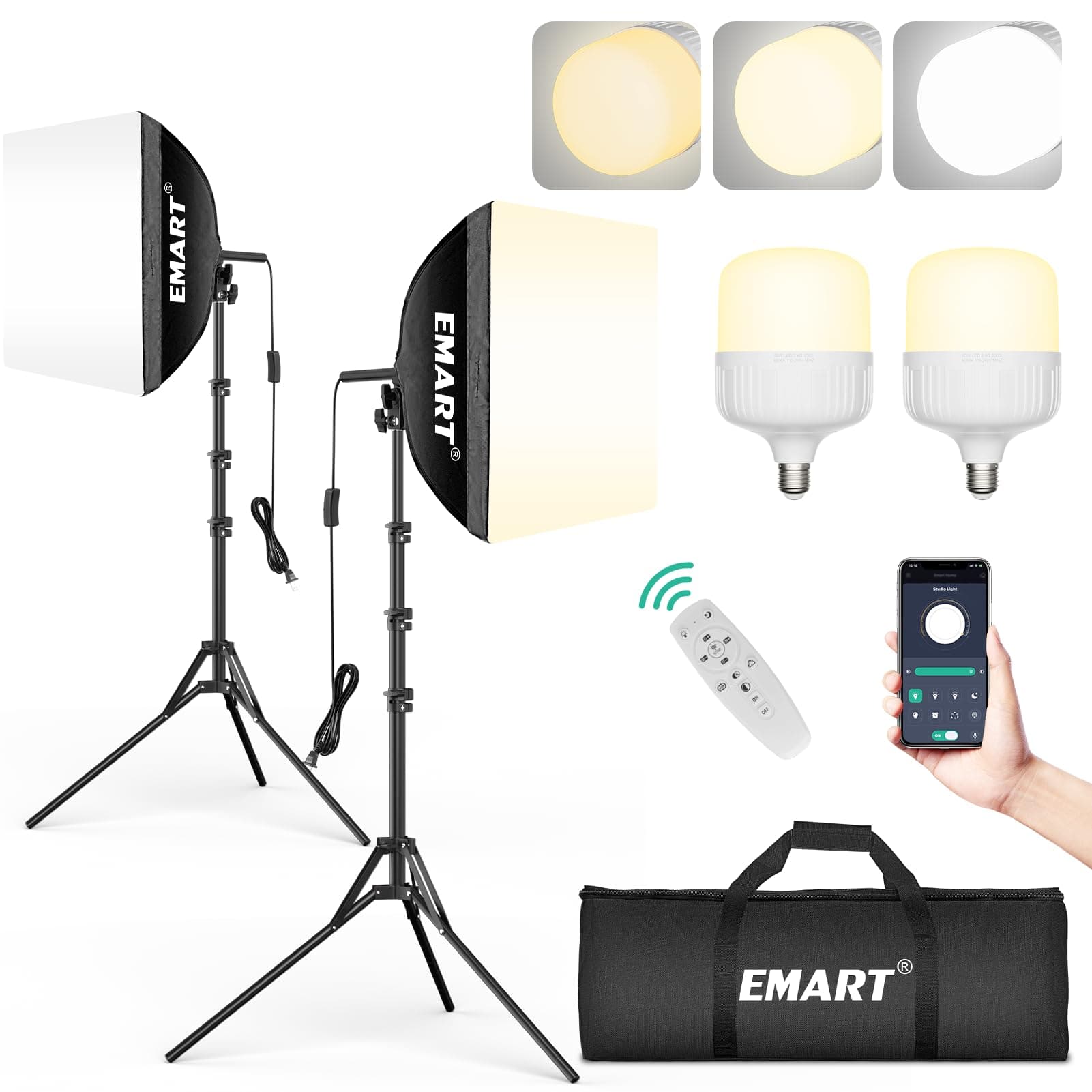 EMART Softbox Photography Lighting Kit, 16"x16" Pull Soft Box, 50W 3000K-6000K LED Bulb with Remote/APP Control, Professional Photoshoot Equipment for Studio Lights, Portrait, Video Recording(2 Pack)