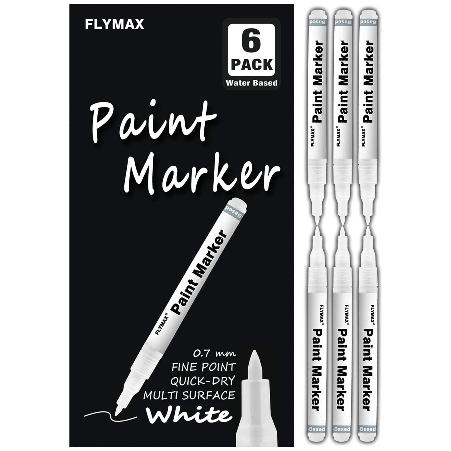 FLYMAX 6 Pack White Paint Pen 0.7mm Acrylic White Permanent Magic White Paint Pen for Wood, Stone, Plastic, Leather, Glass, Metal, Canvas, Ceramic, Marker, Extra Fine Opaque Ink