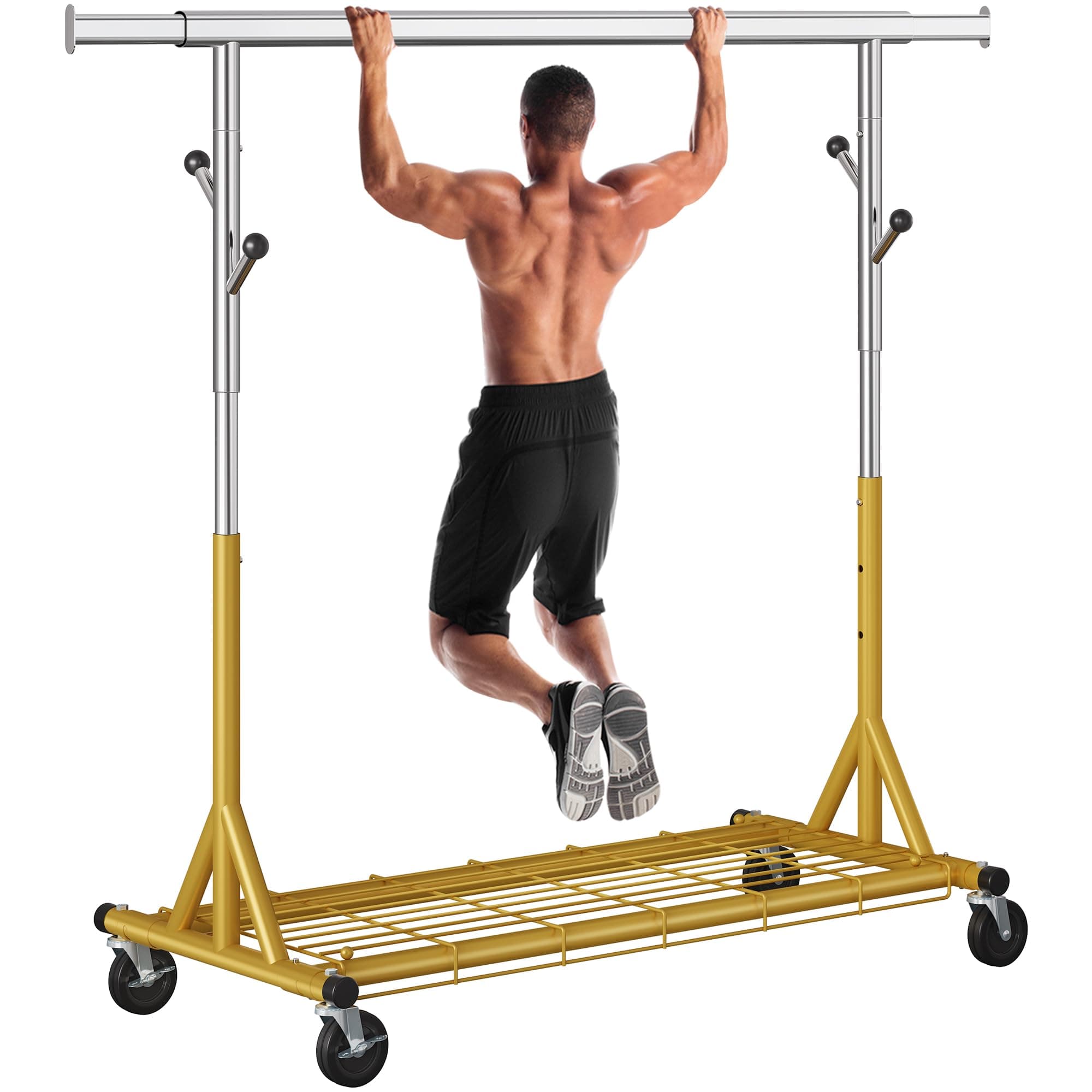 Rolling Clothes Rack Load 530lbs,Heavy Duty Garment Rack With Sturdy Wheel And Shelves, Adjustable Portable Hanging Rack For Clothes, Stainless Steel, Gold