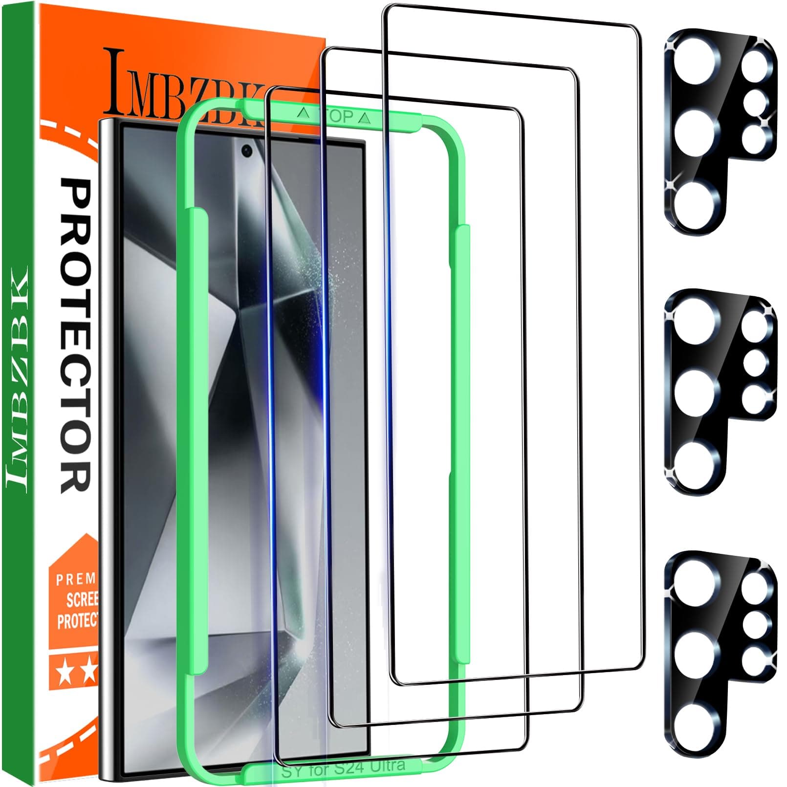 IMBZBK 3 Pack Screen Protector for Samsung Galaxy S24 Ultra Tempered Glass 3 Camera Lens Protector Accessories Case Friendly, Support Fingerprint Reader, Full Coverage