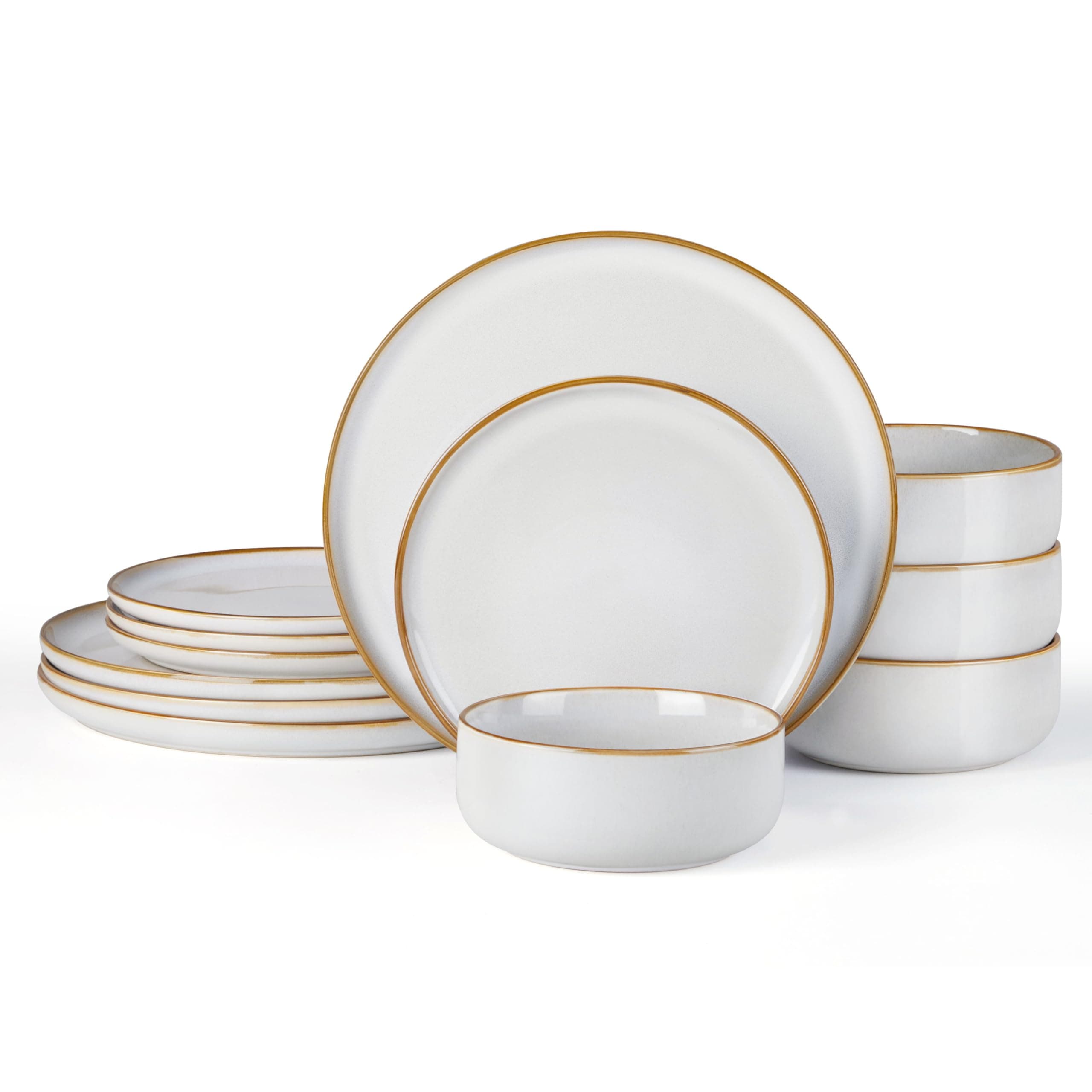 E-far Plates and Bowls Set for 4, 12-Piece Stoneware Dinnerware Sets, Ceramic Dinning Ware Reactive Glaze Dishes Set, Microwave & Dishwasher Safe - Seashell White