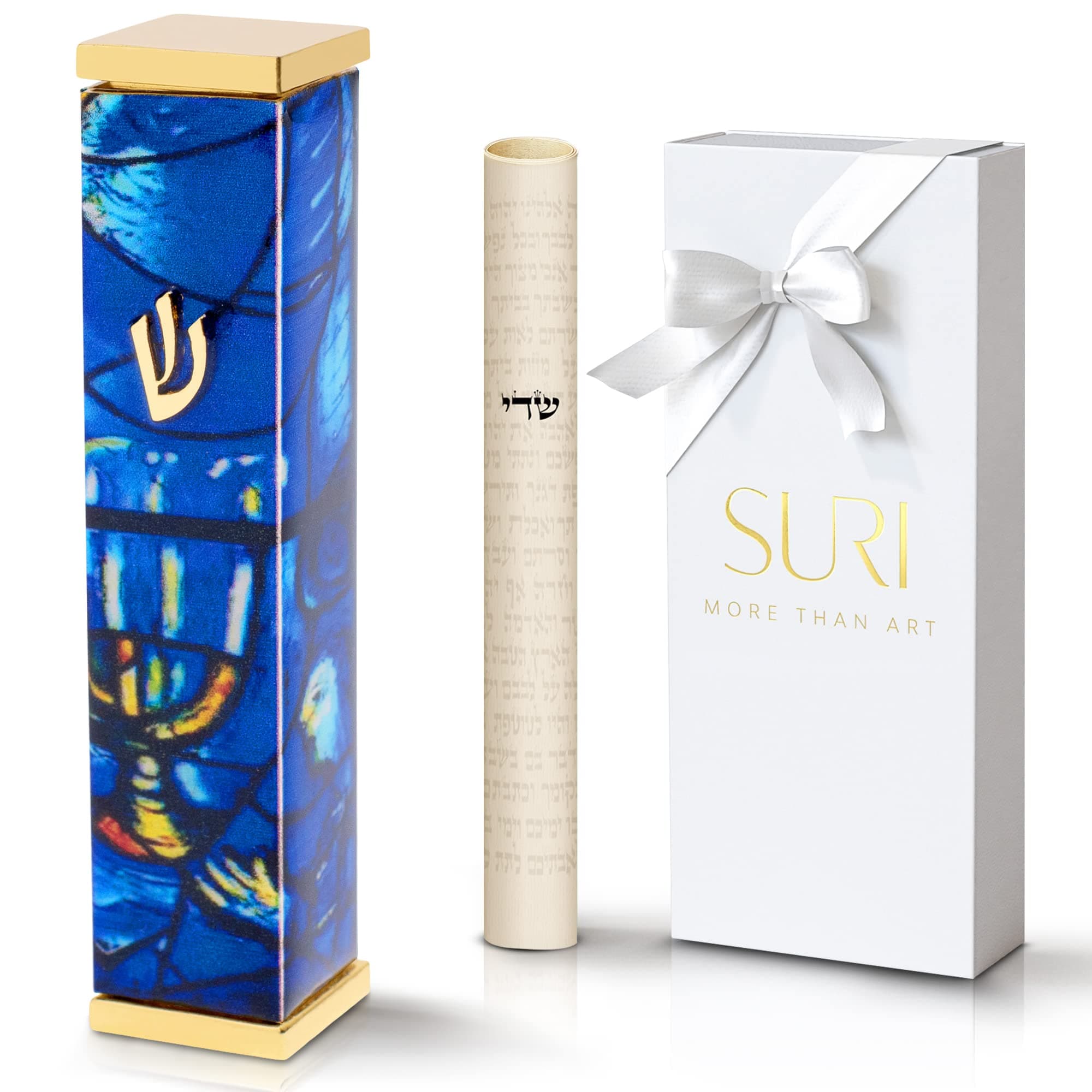 SURI Mezuzah for Door with Printed Scroll Inside | 4" Modern Mezuzah Case with Blue Marc Chagall Design, 24K Gold-Plated Aluminum | Jewish Gift from Israel, Includes Adhesive