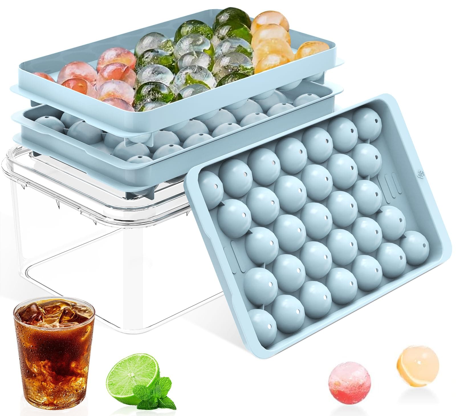 ARABIZ Plastic Mini Round Ice Cube Tray with Lid Ball Maker for Fresh Juice, Mocktails, Whiskey, Cocktails, Tea & Coffee 33 Cavity, Easy Release Stackable in Freezer Pack of 2, Blue,Pink