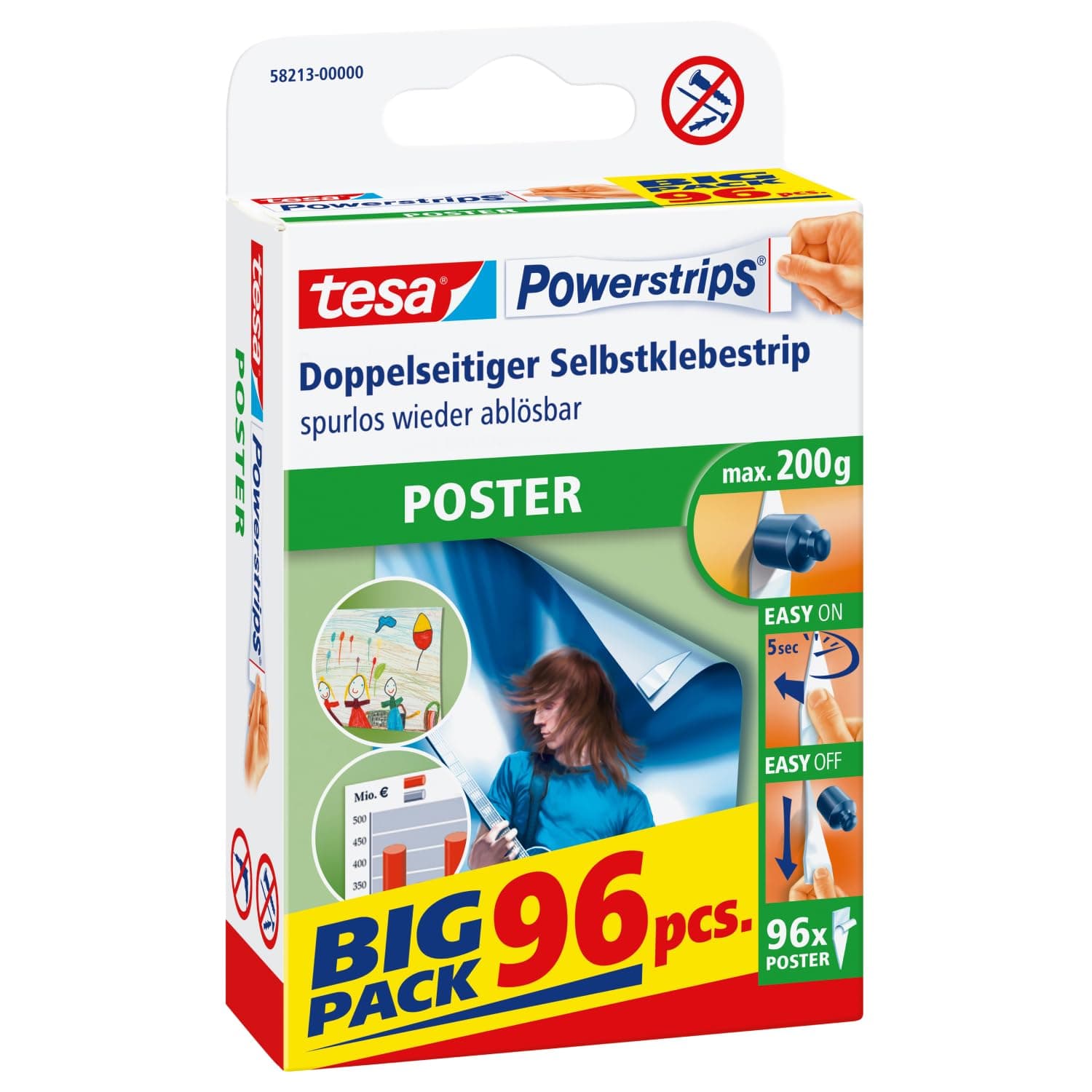tesa Powerstrips POSTER - Double-Sided Adhesive Strip for Posters - Self-Adhesive Picture Hanging Strips - Tapered -Holds up to 200 g - Pack of 96
