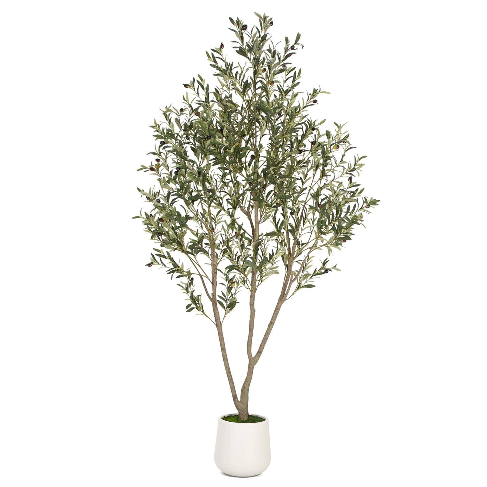 Olive Trees Artificial Indoor, 7FT Tall Faux Olive Tree with White Tall Planter, Artificial Plants with Natural Wood Trunk and Lifelike Fruits for Home Office Decor