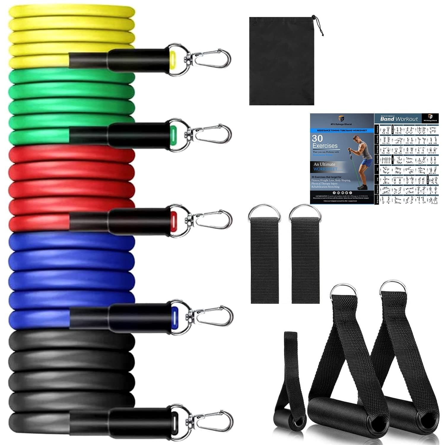FirstFit Natural Rubber Resistance Bands Set, Workout Bands, Exercise Bands, 5 Tube Fitness with Door Anchor, Handles, Portable Bag, Legs Ankle Straps for Physical Therapy, Home Workouts Toning Tube