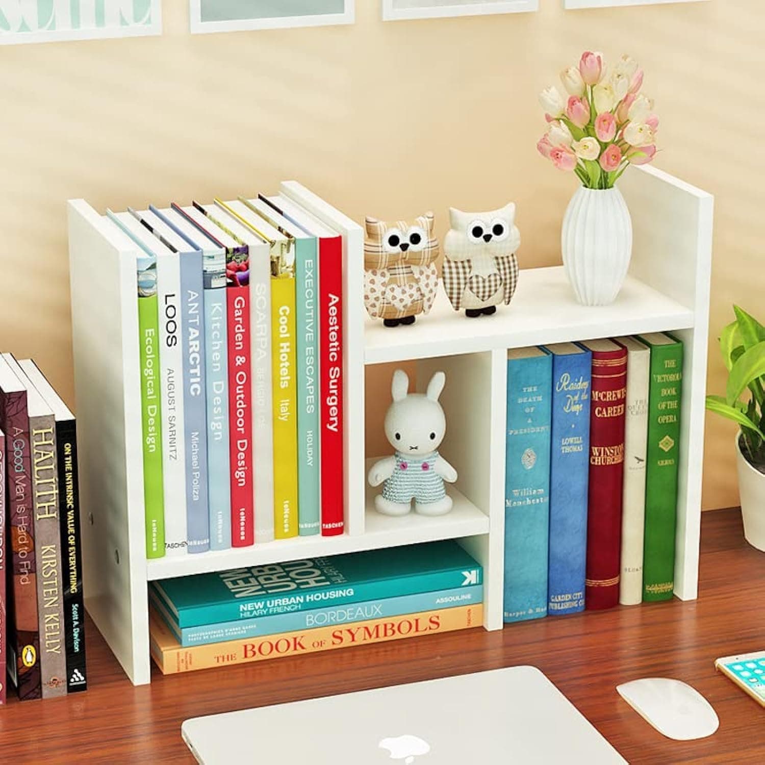 Bamboo Desktop Bookshelf Organizer, Adjustable Wood Desktop Display Shelf Rack,Office Storage Rack Tabletop Bookshelf,Free Style Display Top Bookcase (White)