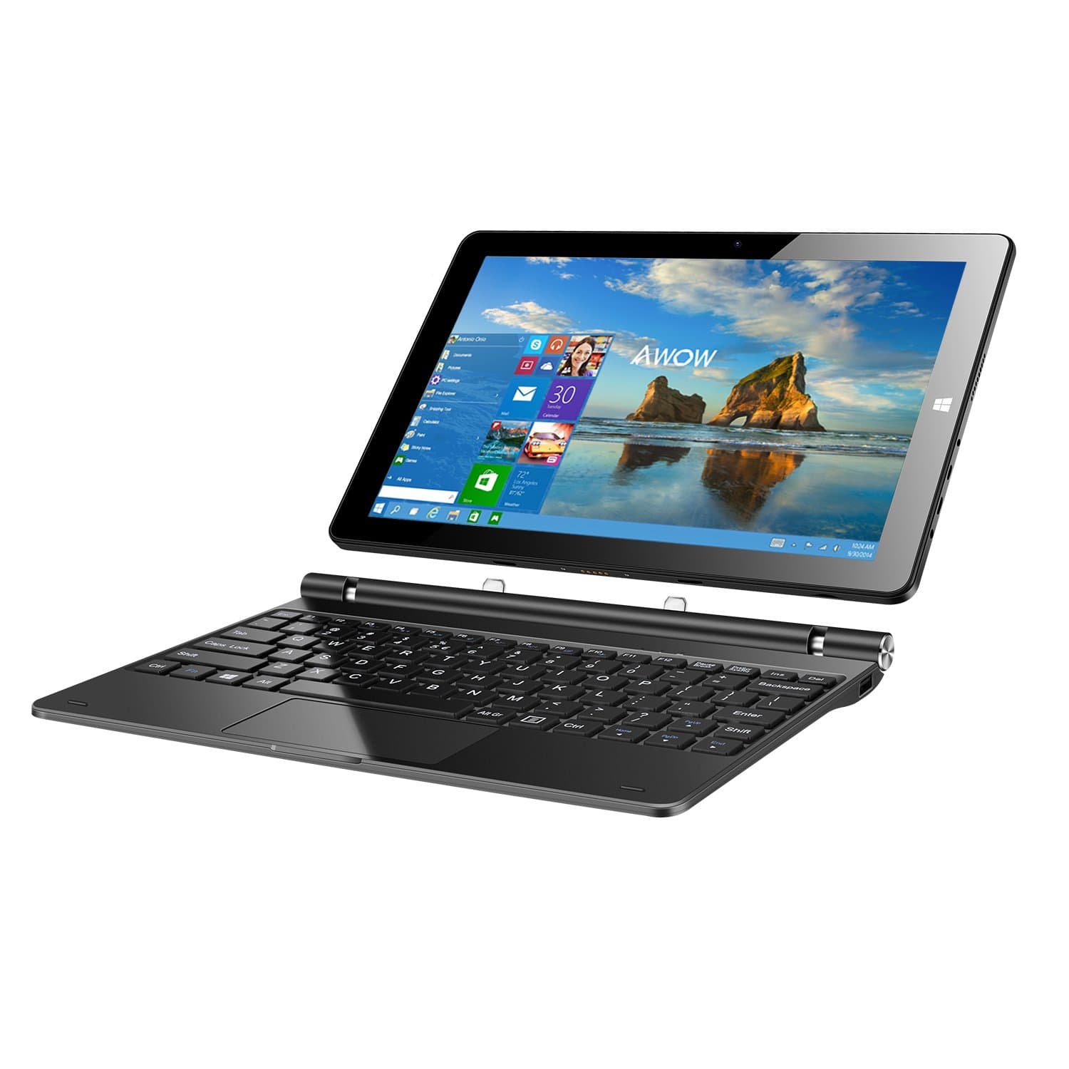 AWOW 10.1" 2 in 1 Laptop Tablet Notebook Windows 10 with Detachable Keyboard, Intel Quad Core 1.44Ghz CPU 4GB DDR3 64GB eMMC IPS 1280X800 Touch Screen Dual Camera Bluetooth 4.0/HDMI/MicroSD Black