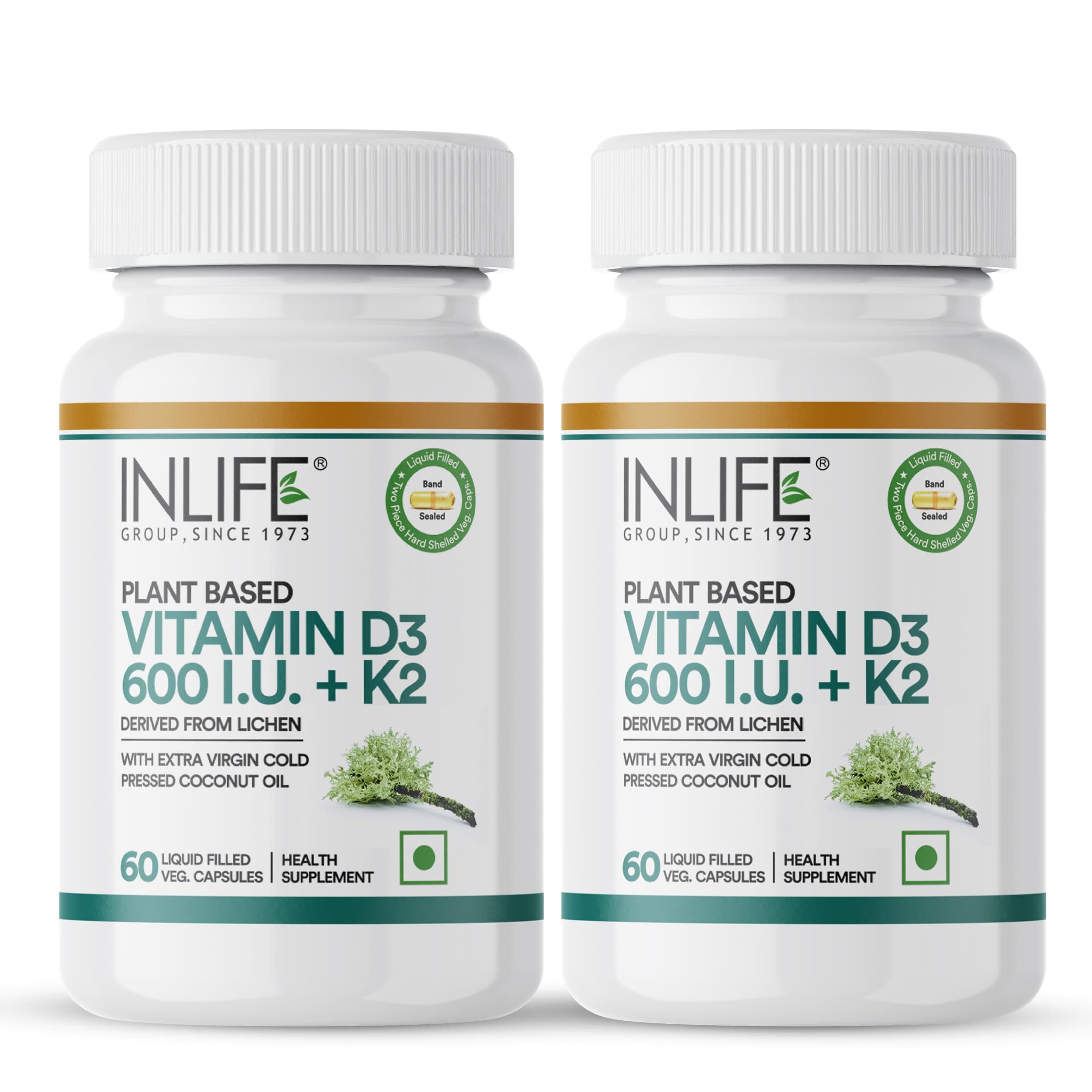 Vitamin D3 K2 Supplement | Plant Based D3 600 IU Lichen & Vitamin K2 MK7 55mcg | With Extra Virgin Cold Pressed Coconut Oil for Better Absorption, Men & Women - 60 Vegetarian Capsules (Pack of 2)