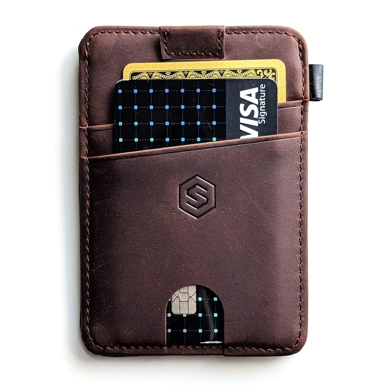 Strapo Wallet V2 - Expandable Minimalist Wallet - Slim & Secure Wallet - With Elastic Strap, Premium Durable Leather, RFID Blocking, Convenient pull-out strap (Dark Brown)