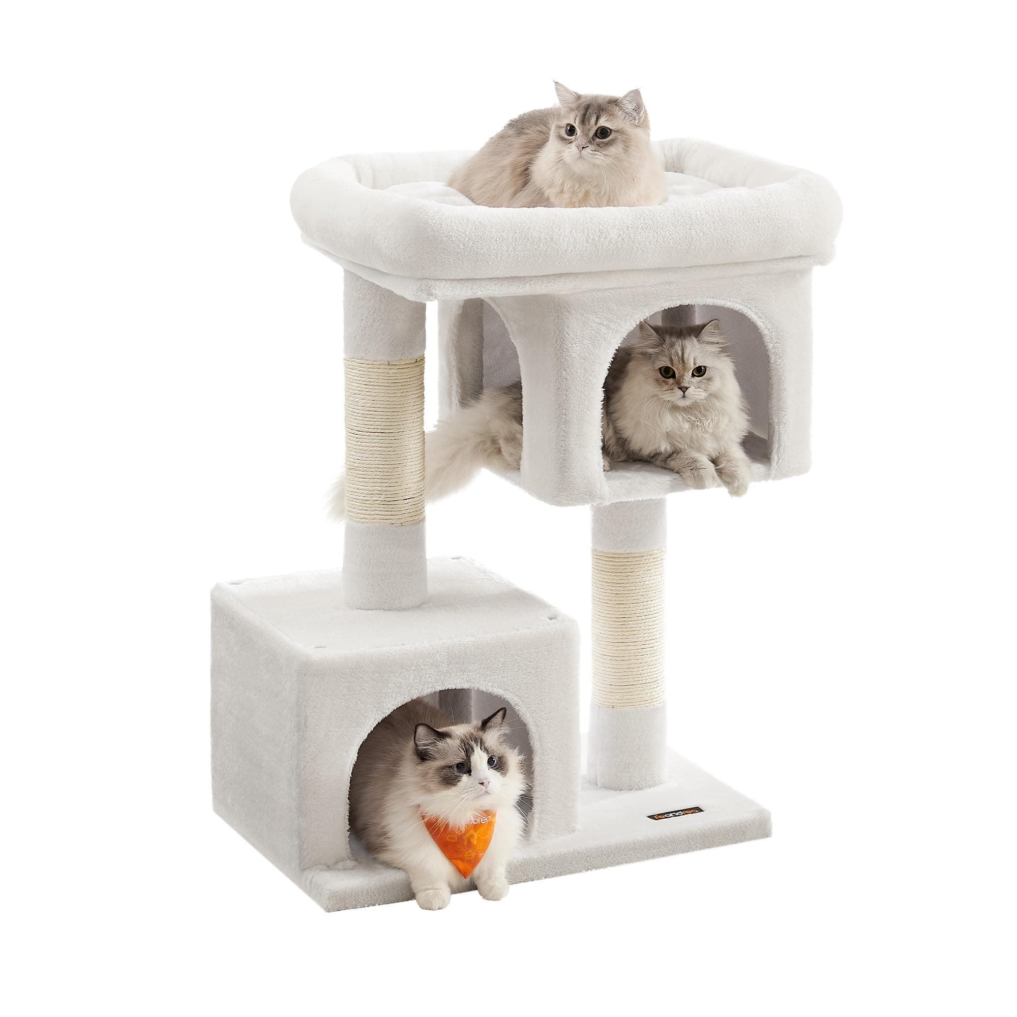Feandrea Cat Tree, 33.1-Inch Cat Tower, Plush Condo for Large Cats up to 16 lb, Large Perch, 2 Caves, Scratching Post, Cream White UPCT061T01